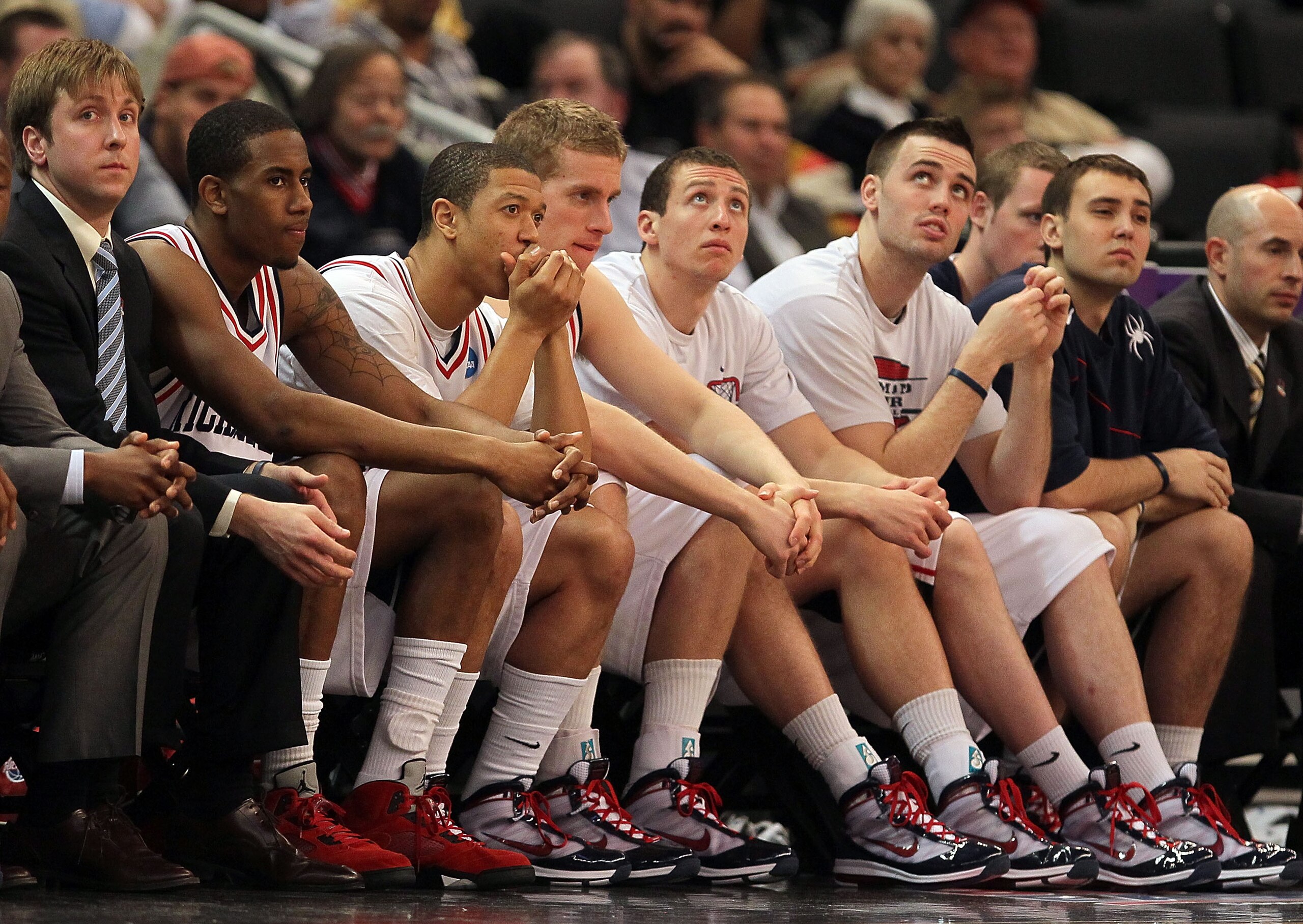 PROVIDENCE, RI - MARCH 18:  The bench of the Richmond Spiders reacts in the final moments of a 80-71 loss to the Saint Mary's Gaels during the first round of the 2010 NCAA men's basketball tournament at Dunkin' Donuts Center on March 18, 2010 in Providenc