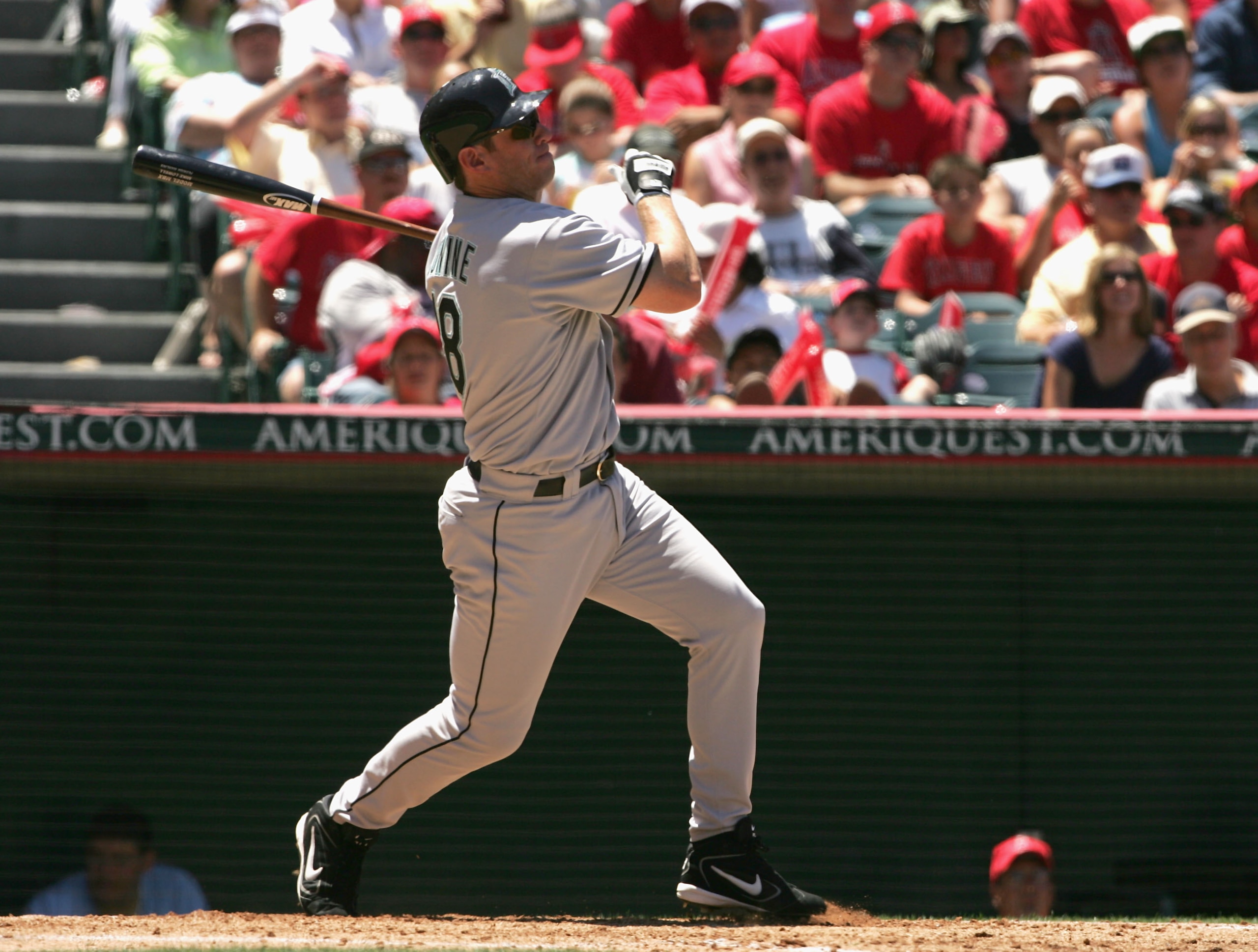 ANAHEIM, CA - JUNE 19:  Jeff Conine #18 of the Florida Marlins hits a three-run home run against the Los Angeles Angels of Anaheim in the third inning at Angel Stadium on June 19, 2005 in Anaheim, California. The Marlins won the game 7-5.  (Photo by Steph