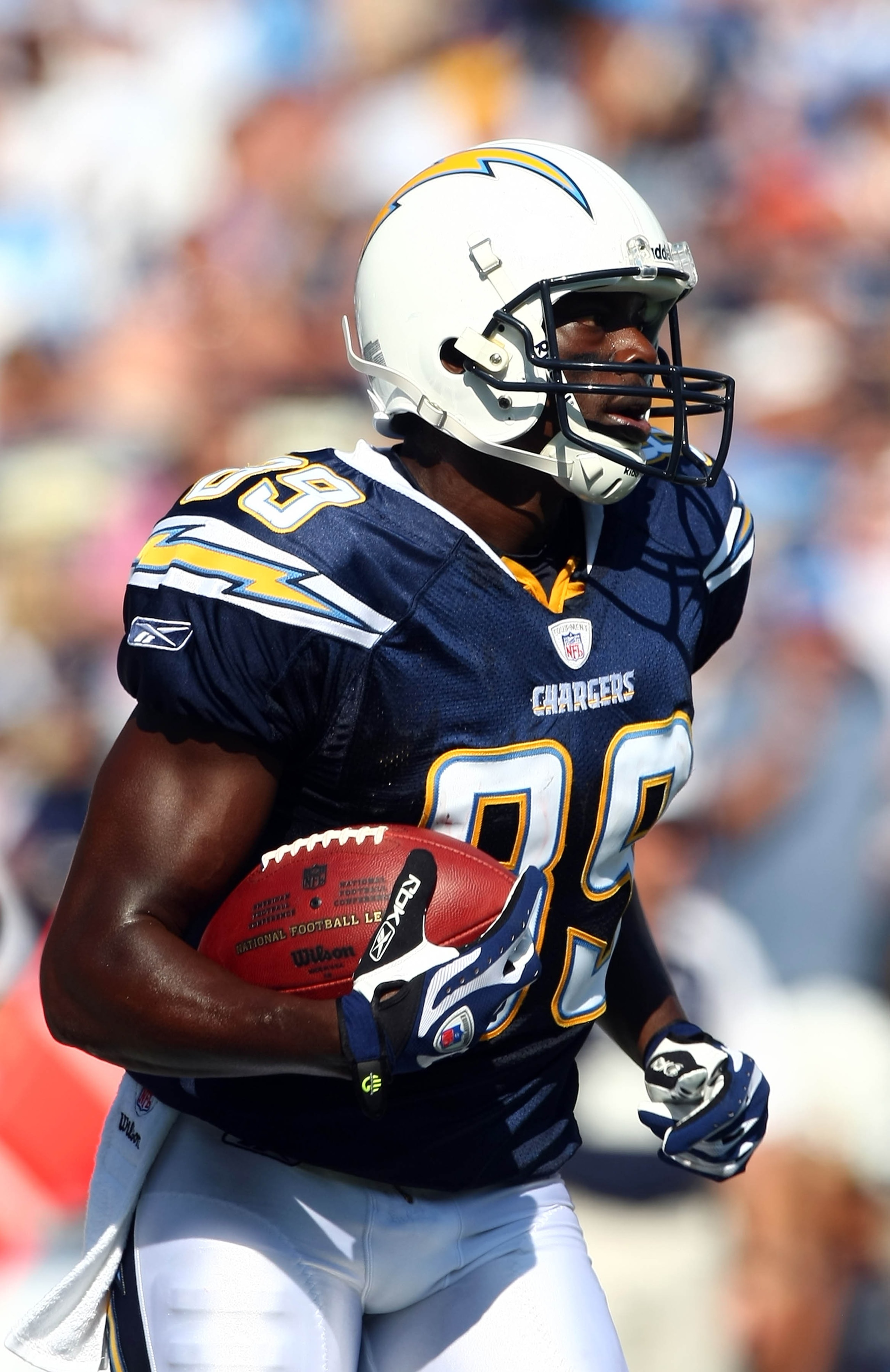 SAN DIEGO - OCTOBER 28: Wide Receiver Chris Chambers #89 of the San Diego Chargers runs out of the endzone after scoring his first touchdown against the Houston Texans during their NFL game on October 28, 2007 at Qualcomm Stadium in San Diego, California.