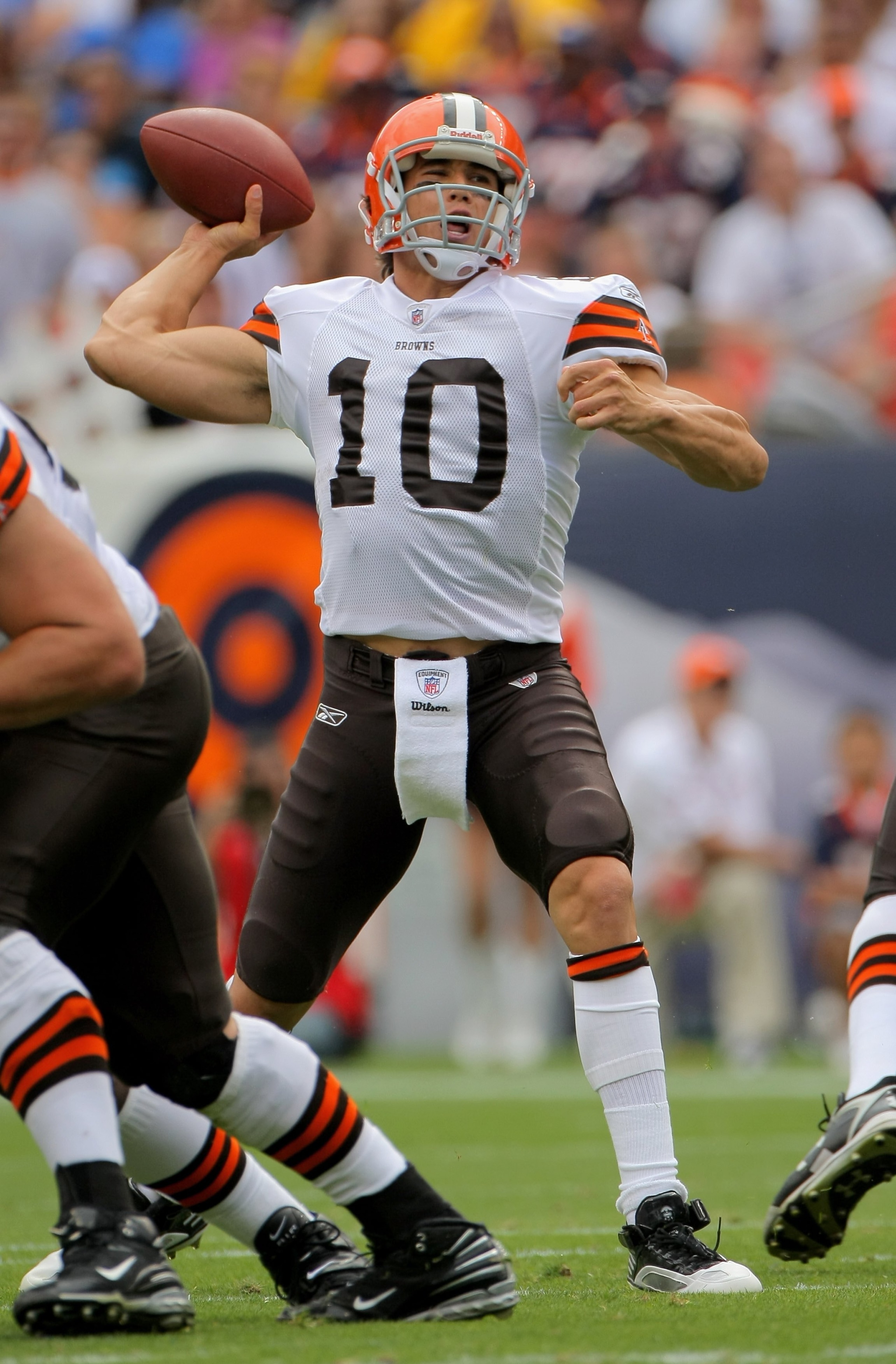 DENVER - SEPTEMBER 20:  Quarterback Brady Quinn #10 of the Cleveland Browns delivers a pass against the Denver Broncos during NFL action at Invesco Field at Mile High on September 20, 2009 in Denver, Colorado. The Broncos defeated the Browns 27-6.  (Photo