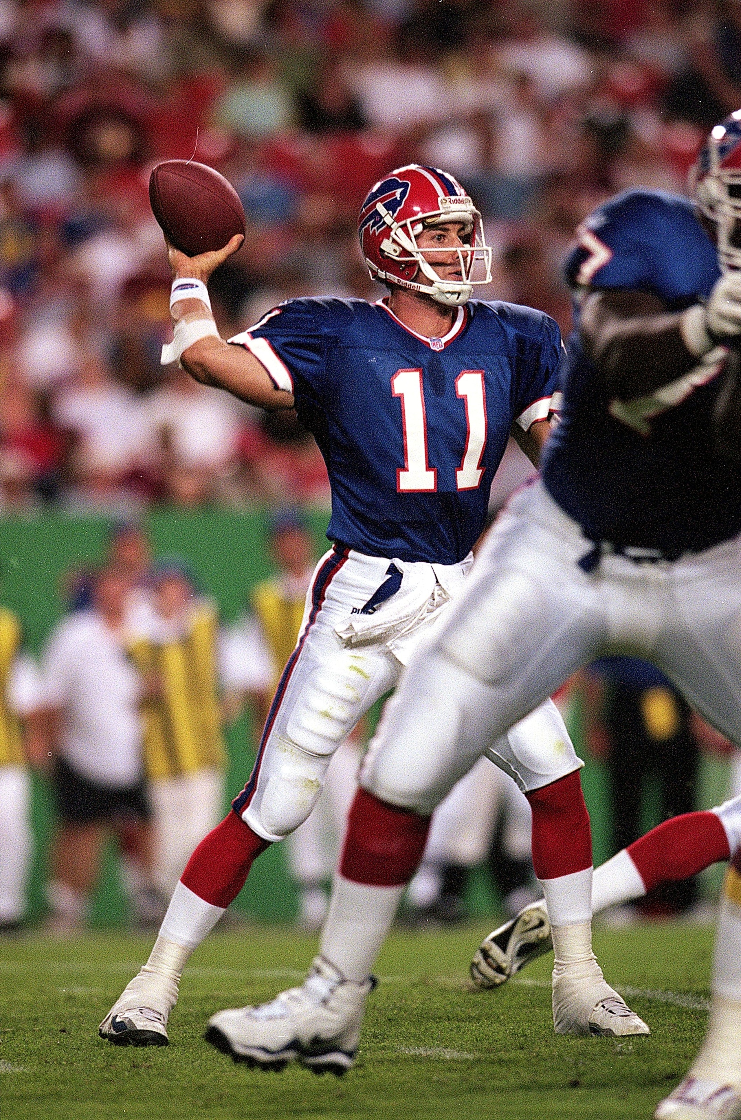 20 Aug 1999:  Rob Johnson #11 of the Buffalo Bills moves back to throw the ball during a game against the Washington Redskins at the Redskins Stadium in Landover, Maryland. The Redskins defeated the Bills 20-19. Mandatory Credit: Doug Pensinger  /Allsport