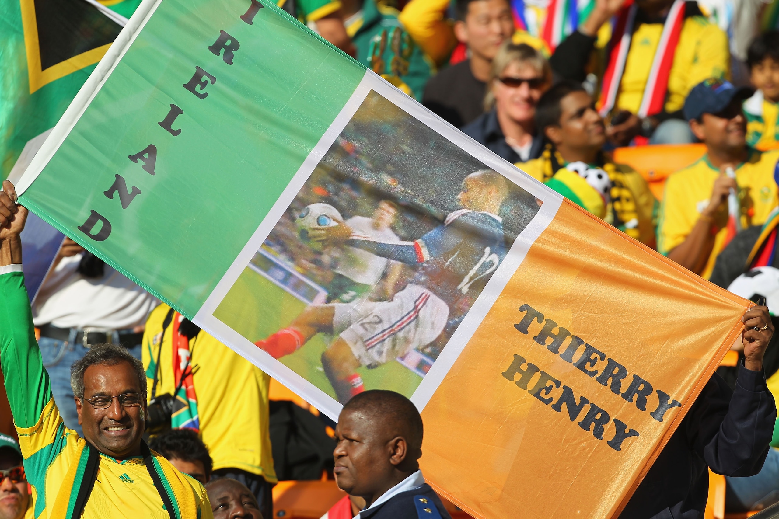 JOHANNESBURG, SOUTH AFRICA - JUNE 11:  South African fans show their support for Ireland at the 2010 FIFA World Cup South Africa Group A match between South Africa and Mexico at Soccer City Stadium on June 11, 2010 in Johannesburg, South Africa.  (Photo b