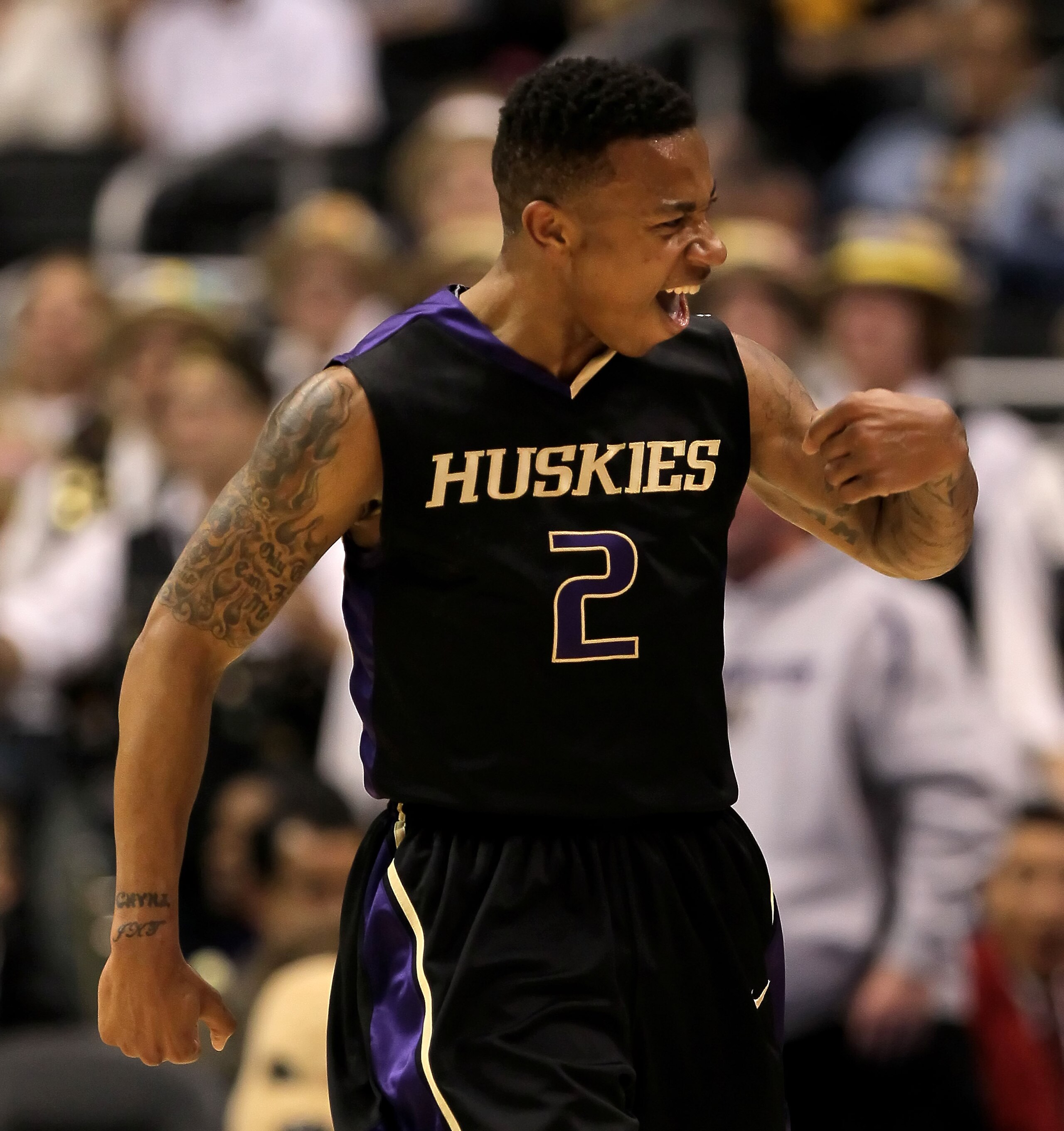 LOS ANGELES, CA - MARCH 13:  Isaiah Thomas #2 of the Washington Huskies celebrates in the first half against the Cal Golden Bears during the championship game of the Pac-10 Basketball Tournament at Staples Center on March 13, 2010 in Los Angeles, Californ