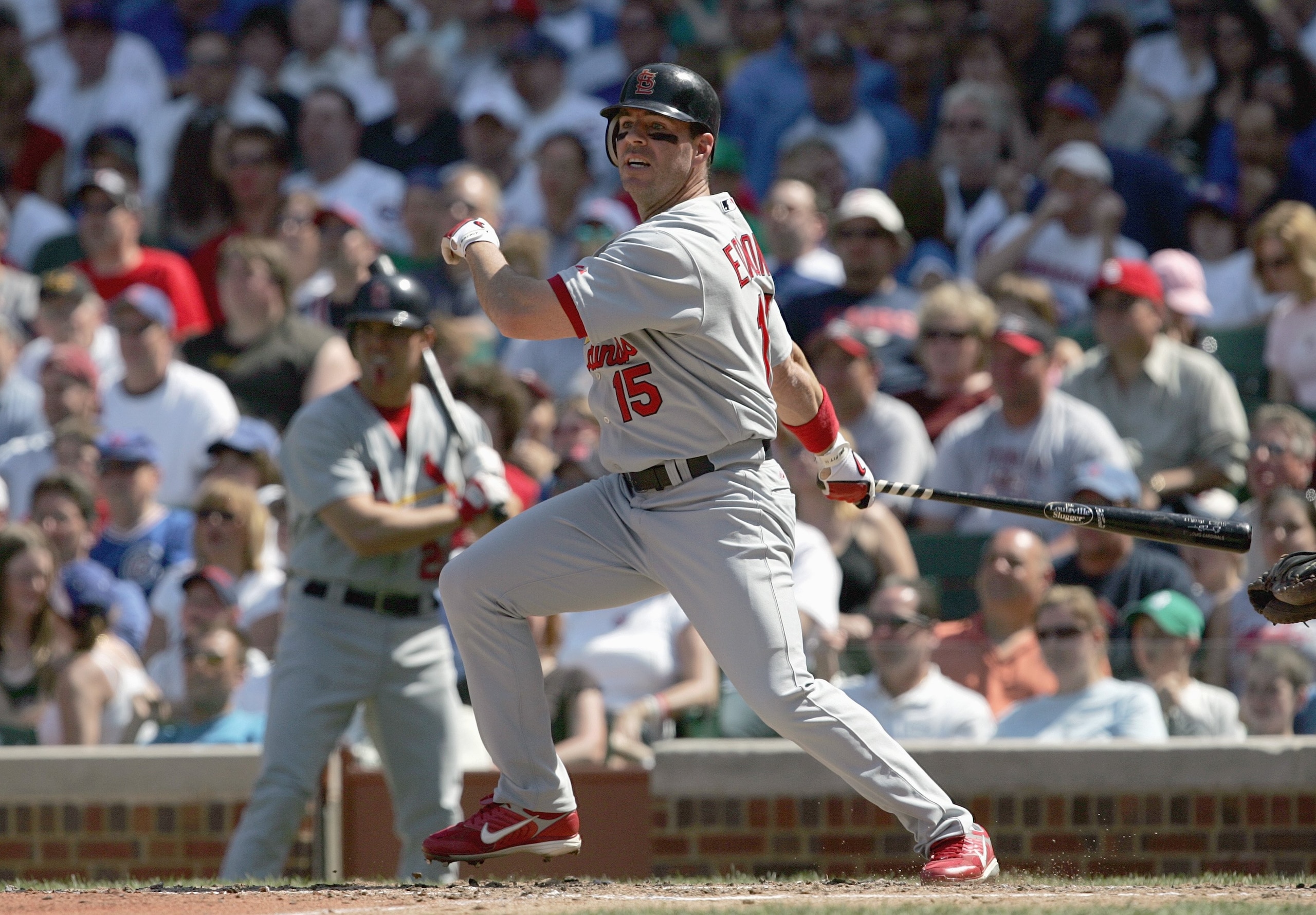 CHICAGO - APRIL 22: Jim Edmonds #15 of the St. Louis Cardinals swings at the pitch against the Chicago Cubs on April 22, 2007 at Wrigley Field in Chicago, Illinois. (Photo by Jonathan Daniel/Getty Images)