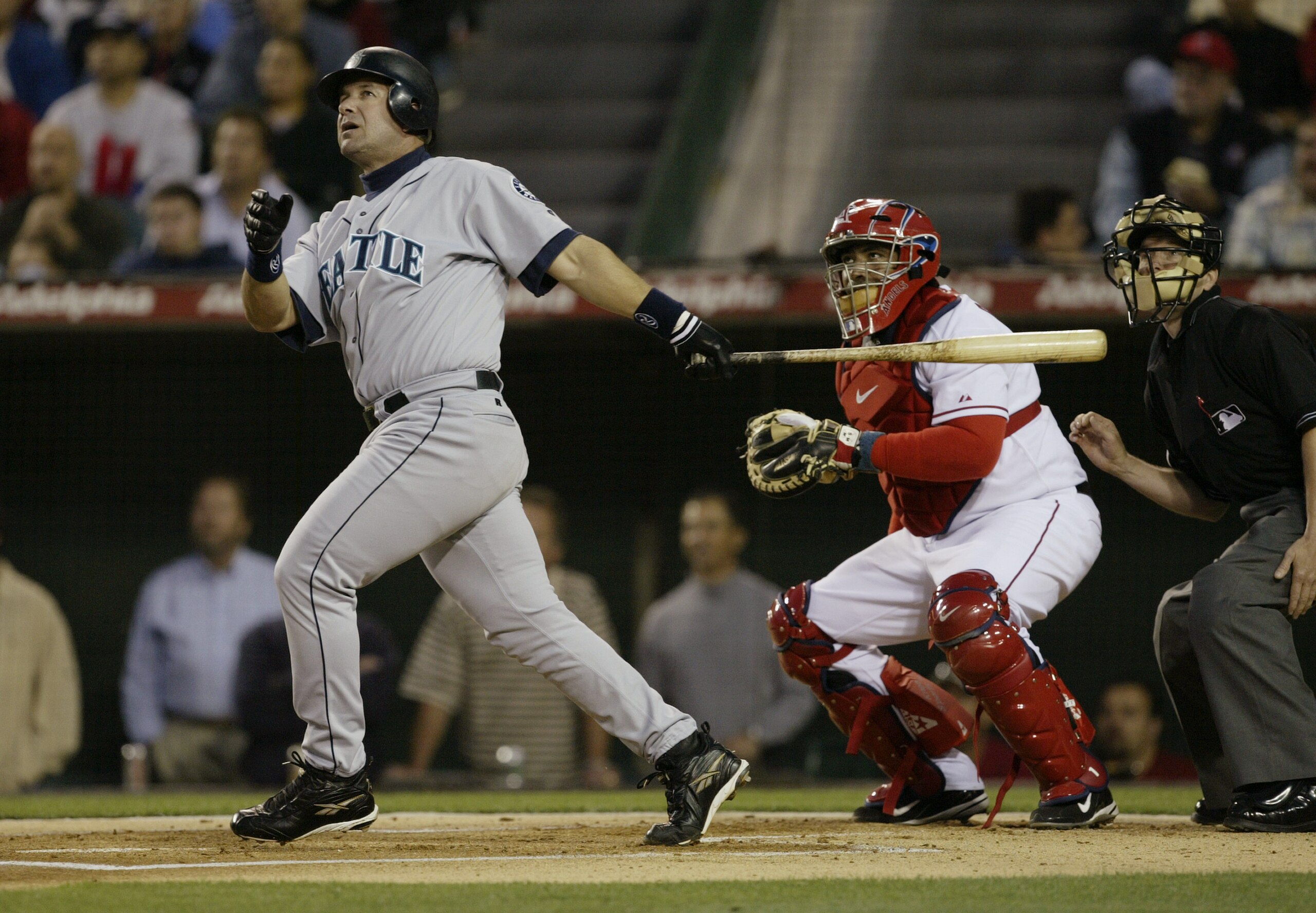 ANAHEIM, CA - APRIL 13:  Designated hitter Edgar Martinez #11 of the Seattle Mariners at bat during the game against the Anaheim Angels on April 13, 2004 at Angel Stadium in Anaheim, California.  The Angels, playing in their first home game of the season,