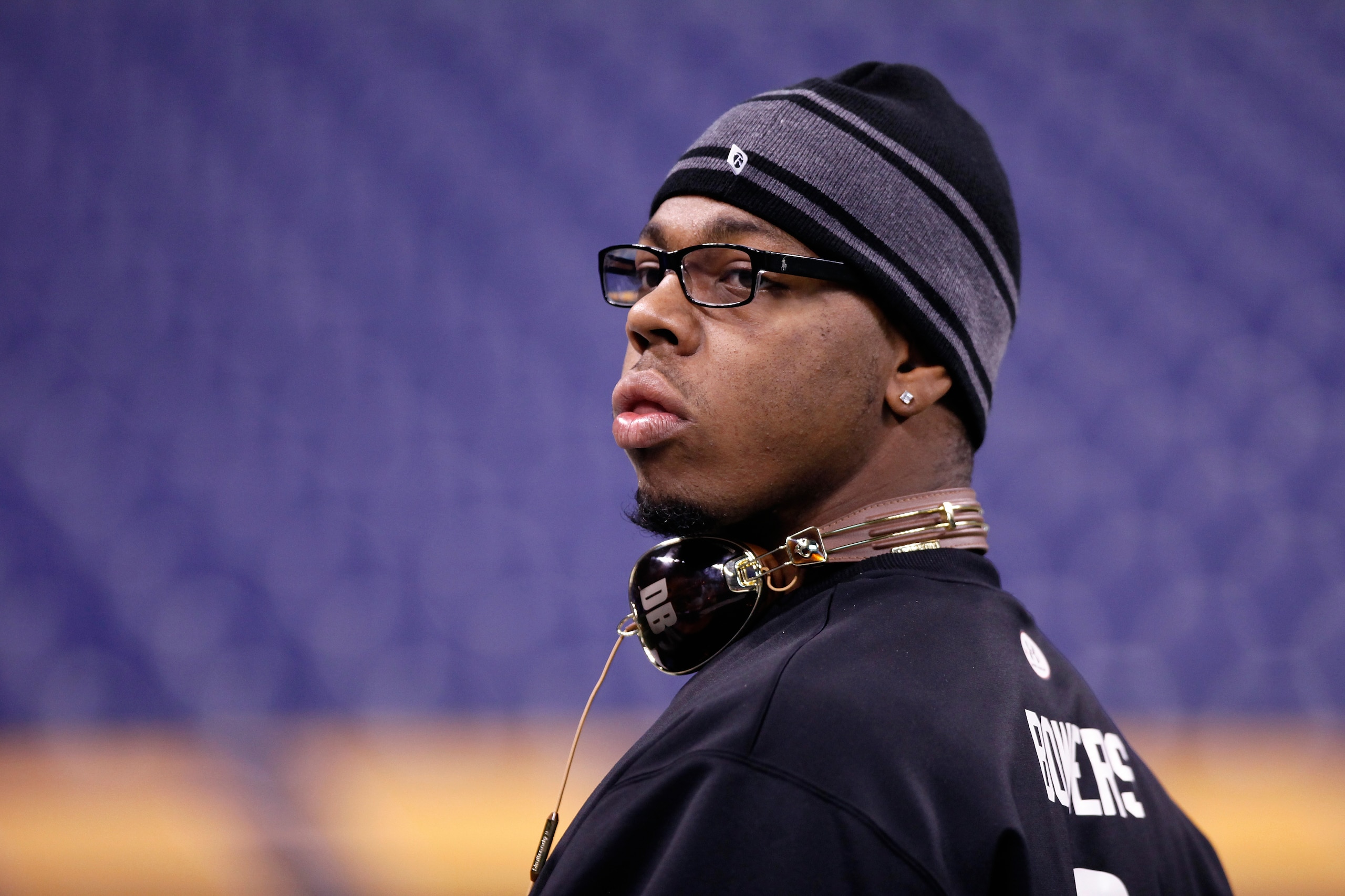 INDIANAPOLIS, IN - FEBRUARY 28: Defensive lineman Da'Quan Bowers of Clemson looks on during the 2011 NFL Scouting Combine at Lucas Oil Stadium on February 28, 2011 in Indianapolis, Indiana. (Photo by Joe Robbins/Getty Images)