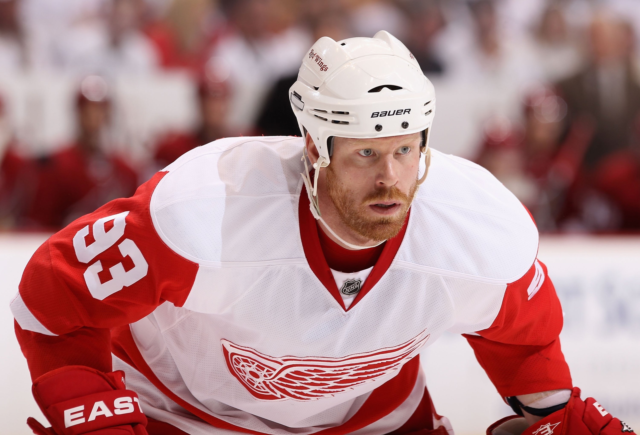 GLENDALE, AZ - APRIL 23:  Johan Franzen #93 of the Detroit Red Wings in action in Game Five of the Western Conference Quarterfinals against the Phoenix Coyotes during the 2010 NHL Stanley Cup Playoffs at Jobing.com Arena on April 23, 2010 in Glendale, Ari