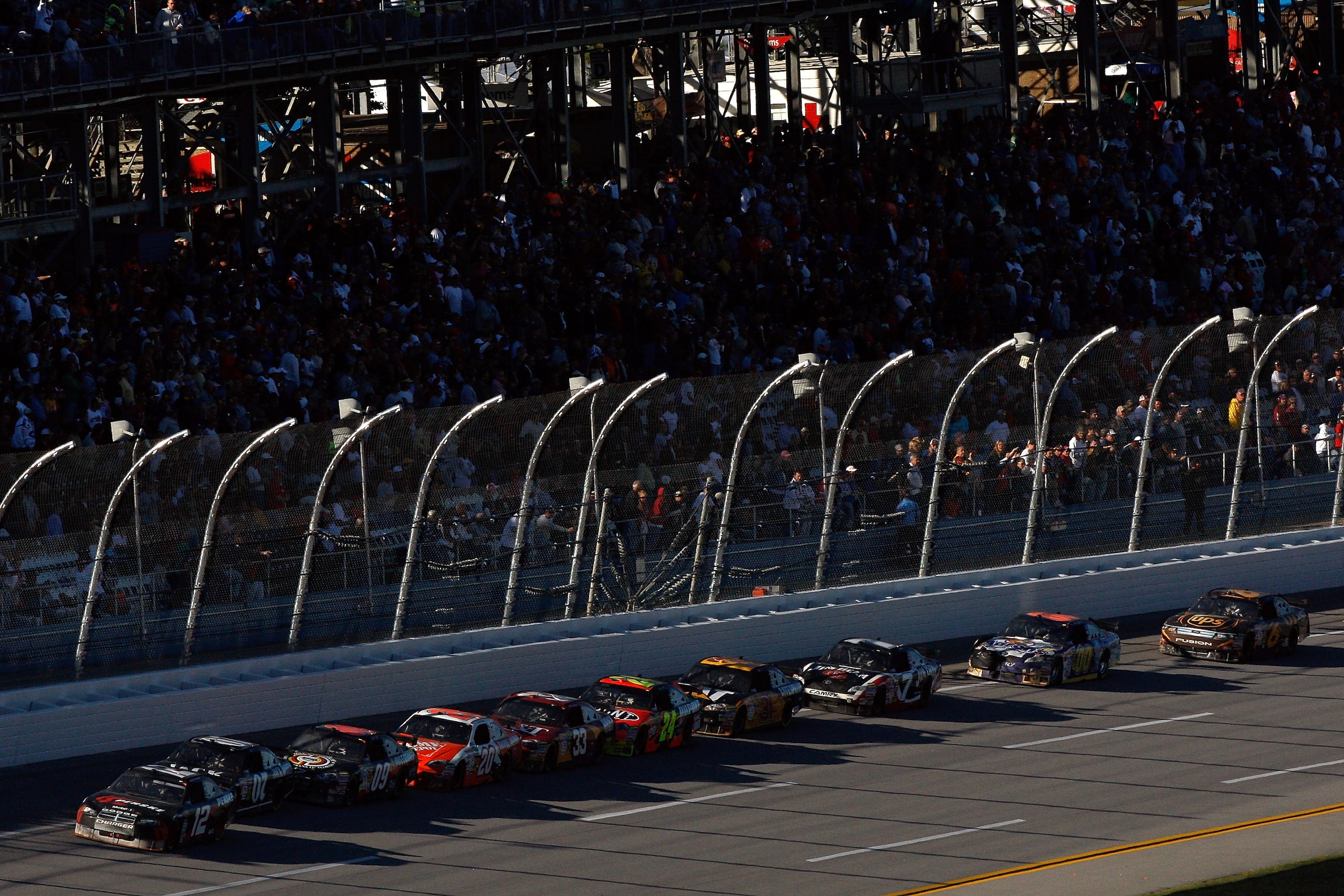 TALLADEGA, AL - NOVEMBER 01:  David Stremme, driver of the #12 Penske Dodge leads the field during the NASCAR Sprint Cup Series AMP Energy 500 at Talladega Superspeedway on November 1, 2009 in Talladega, Alabama.  (Photo by Chris Graythen/Getty Images)