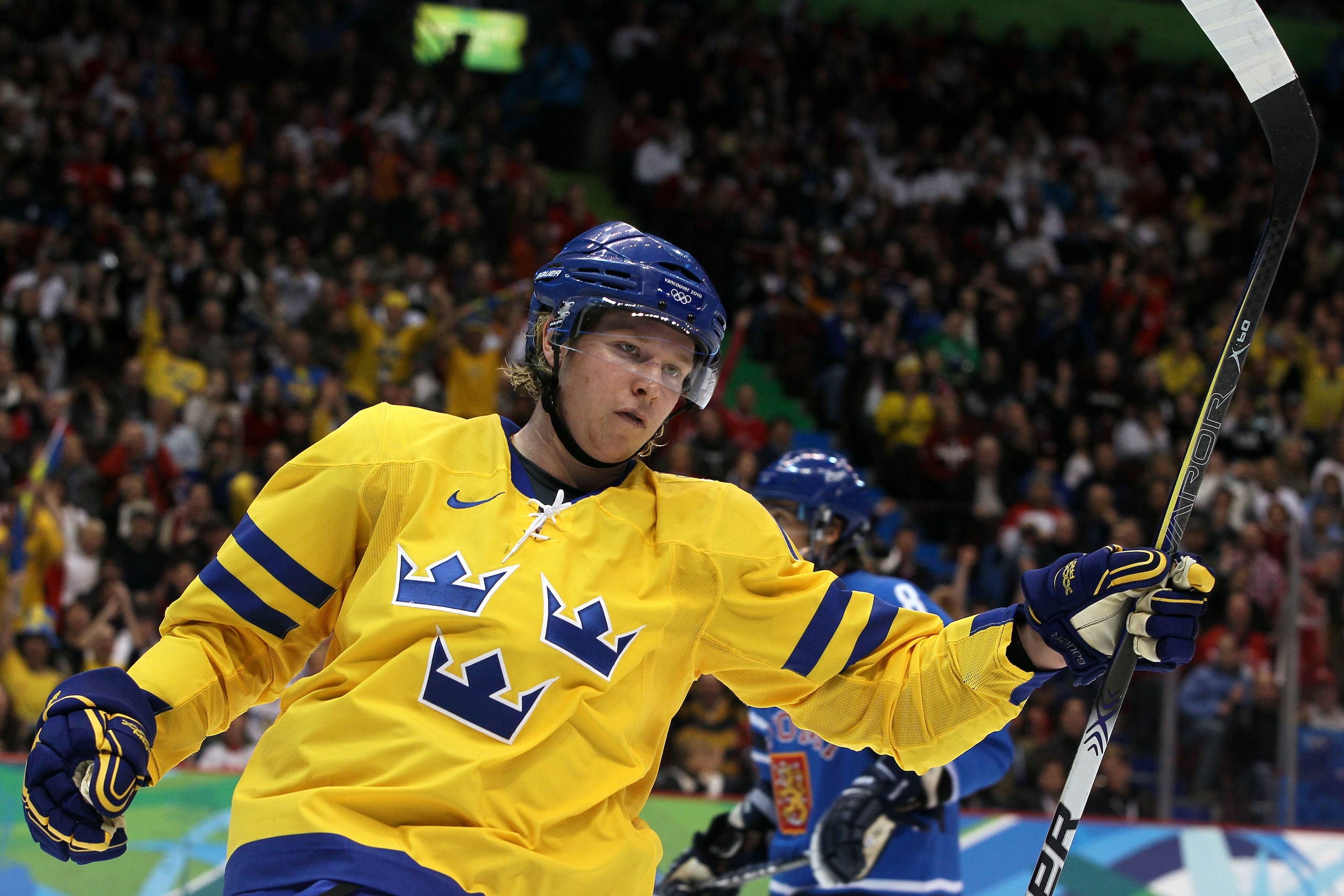 VANCOUVER, BC - FEBRUARY 21:  Nicklas Backstrom of Sweden celebrates after he scored a goal in the second period against Finland during the ice hockey men's preliminary game between Sweden and Finland on day 10 of the Vancouver 2010 Winter Olympics at Can
