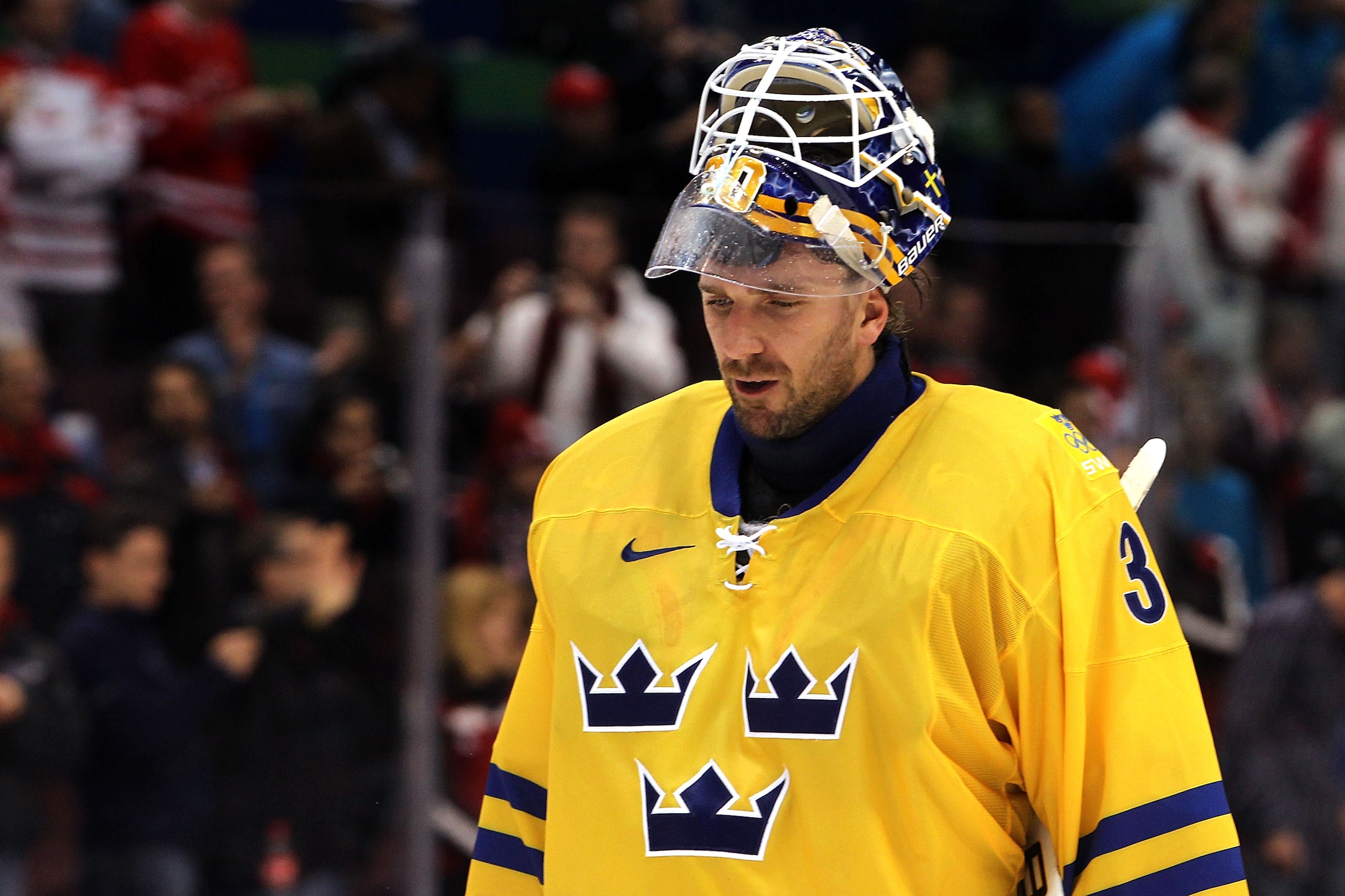 VANCOUVER, BC - FEBRUARY 24:  Goalkeeper Henrik Lundqvist of Sweden reacts after the ice hockey men's quarter final game between Sweden and Slovakia on day 13 of the Vancouver 2010 Winter Olympics at Canada Hockey Place on February 24, 2010 in Vancouver,