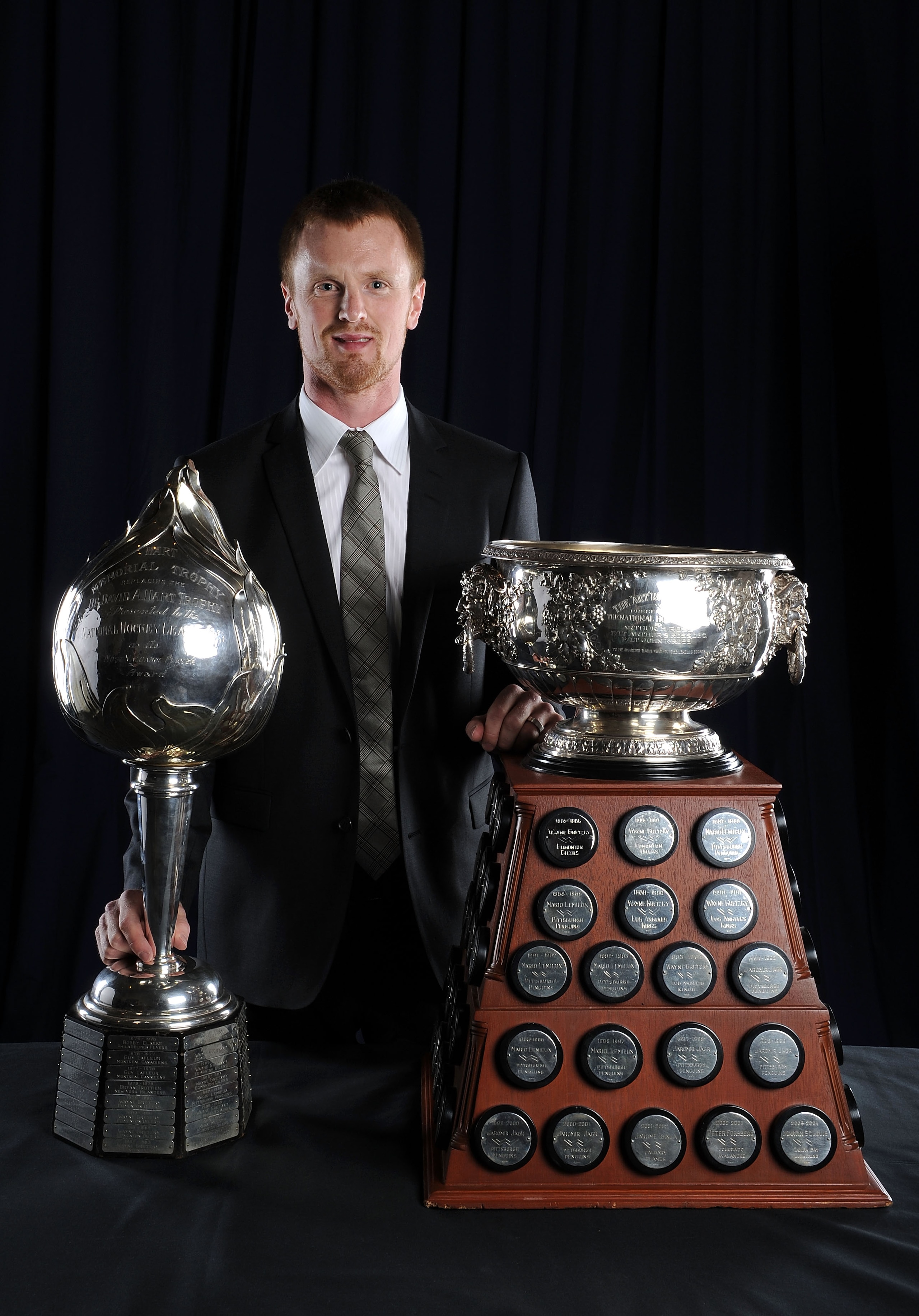 LAS VEGAS - JUNE 23:  Henrik Sedin of the Vancouver Canucks poses for a portrait with the Hart Memorial Trophy and the Art Ross Trophy during the 2010 NHL Awards at the Palms Casino Resort on June 23, 2010 in Las Vegas, Nevada.  (Photo by Harry How/Getty