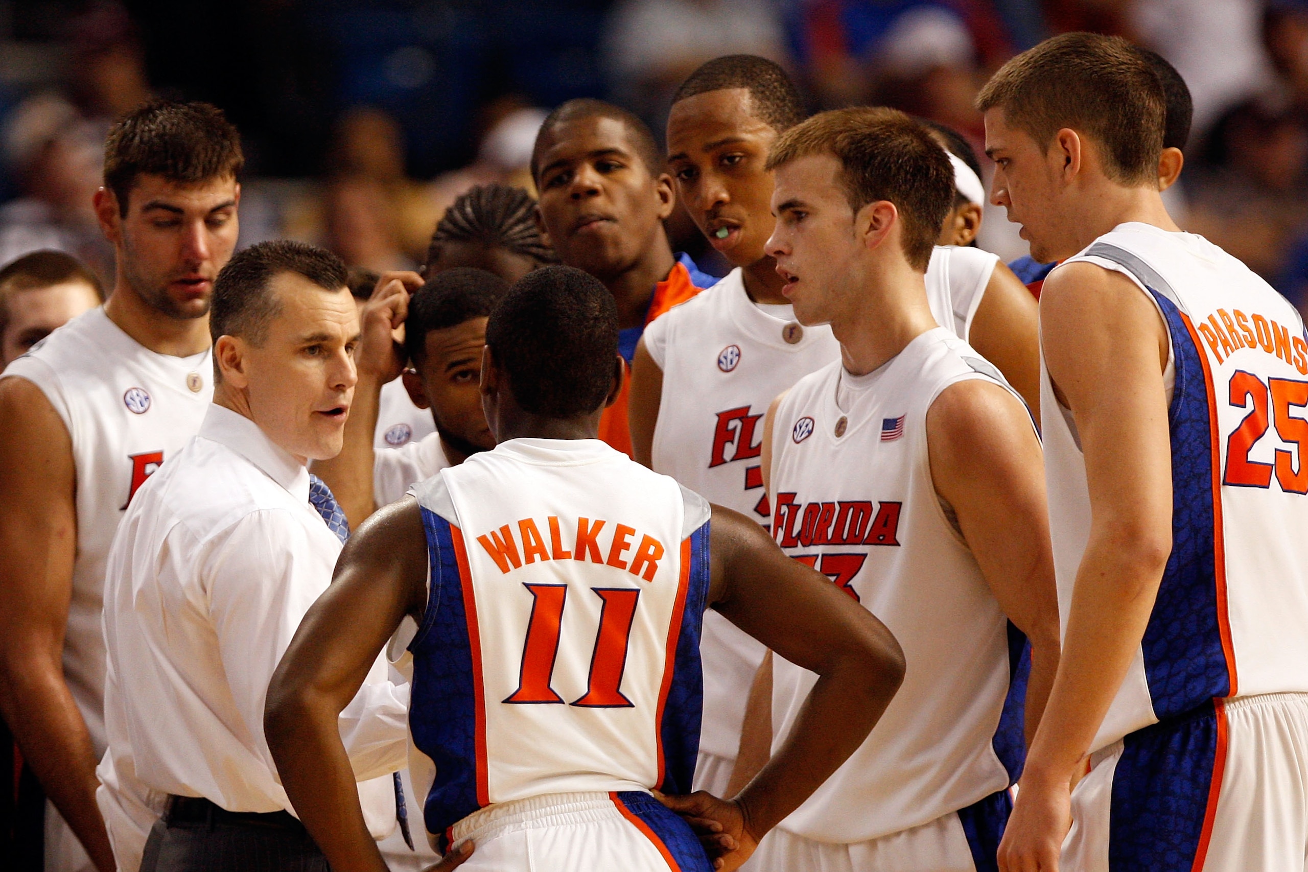 TAMPA, FL - MARCH 12:  Head coach Billy Donovan of the Florida Gators talks with his team during a time out against the Arkansas Razorbacks during the first round of the SEC Men's Basketball Tournament at the St. Pete Times Forum March 12, 2009 in Tampa,