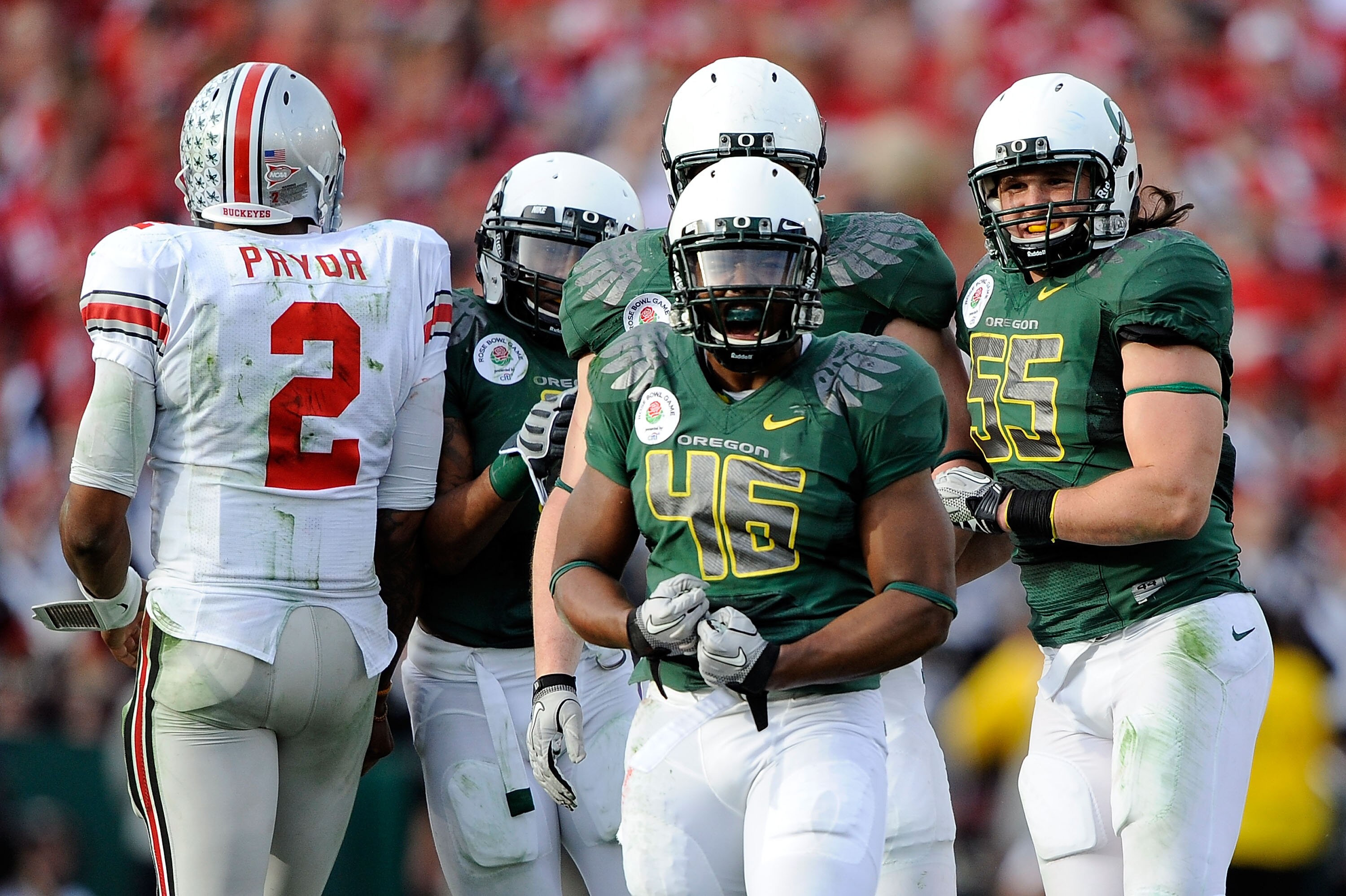 PASADENA, CA - JANUARY 01:  Linebacker Michael Clay #46 of the Oregon Ducks reacts after a one-yard loss for the Ohio State Buckeyes in the second quarter at the 96th Rose Bowl game on January 1, 2010 in Pasadena, California.  (Photo by Kevork Djansezian/