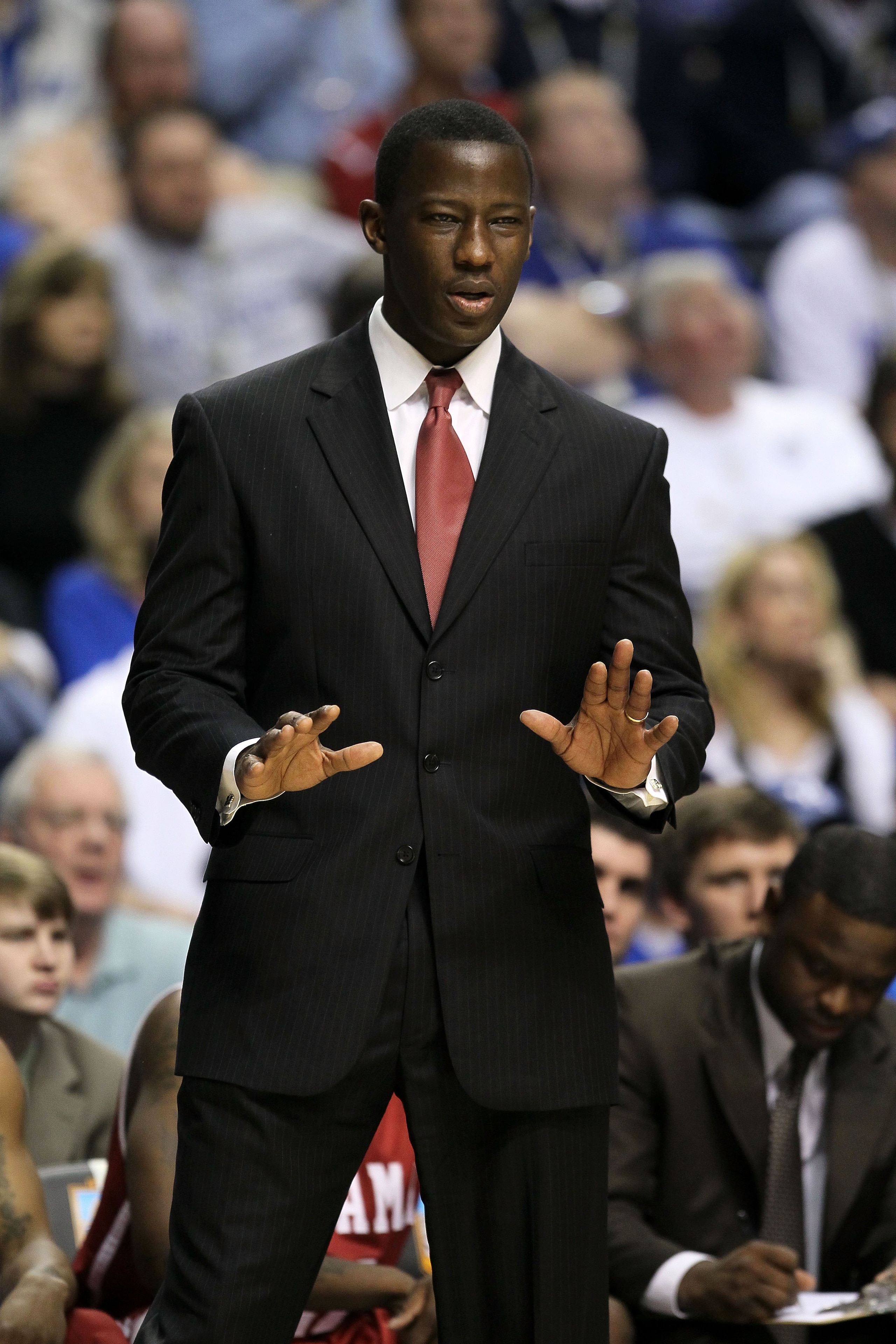 NASHVILLE, TN - MARCH 12:  Head coach Anthony Grant of the Alabama Crimson Tide reacts as he coaches against the Kentucky Wildcats during the quarterfinals of the SEC Men's Basketball Tournament at the Bridgestone Arena on March 12, 2010 in Nashville, Ten