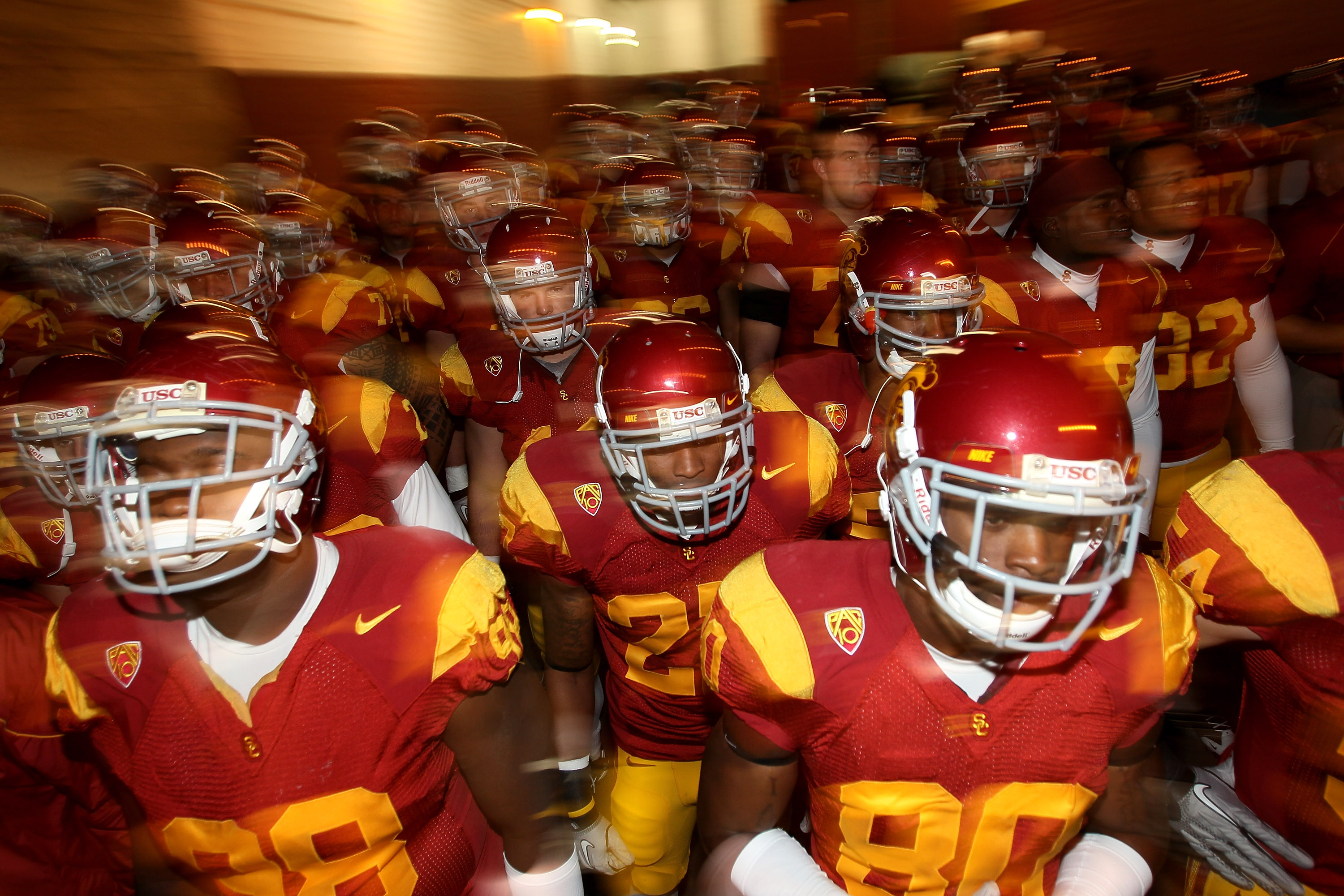 LOS ANGELES, CA - NOVEMBER 27:  The USC Trojans come through the tunnel to the field before the game with the Notre Dame Fighting Irish at the Los Angeles Memorial Coliseum on November 27, 2010 in Los Angeles, California. Notre Dame won 20-16.  (Photo by