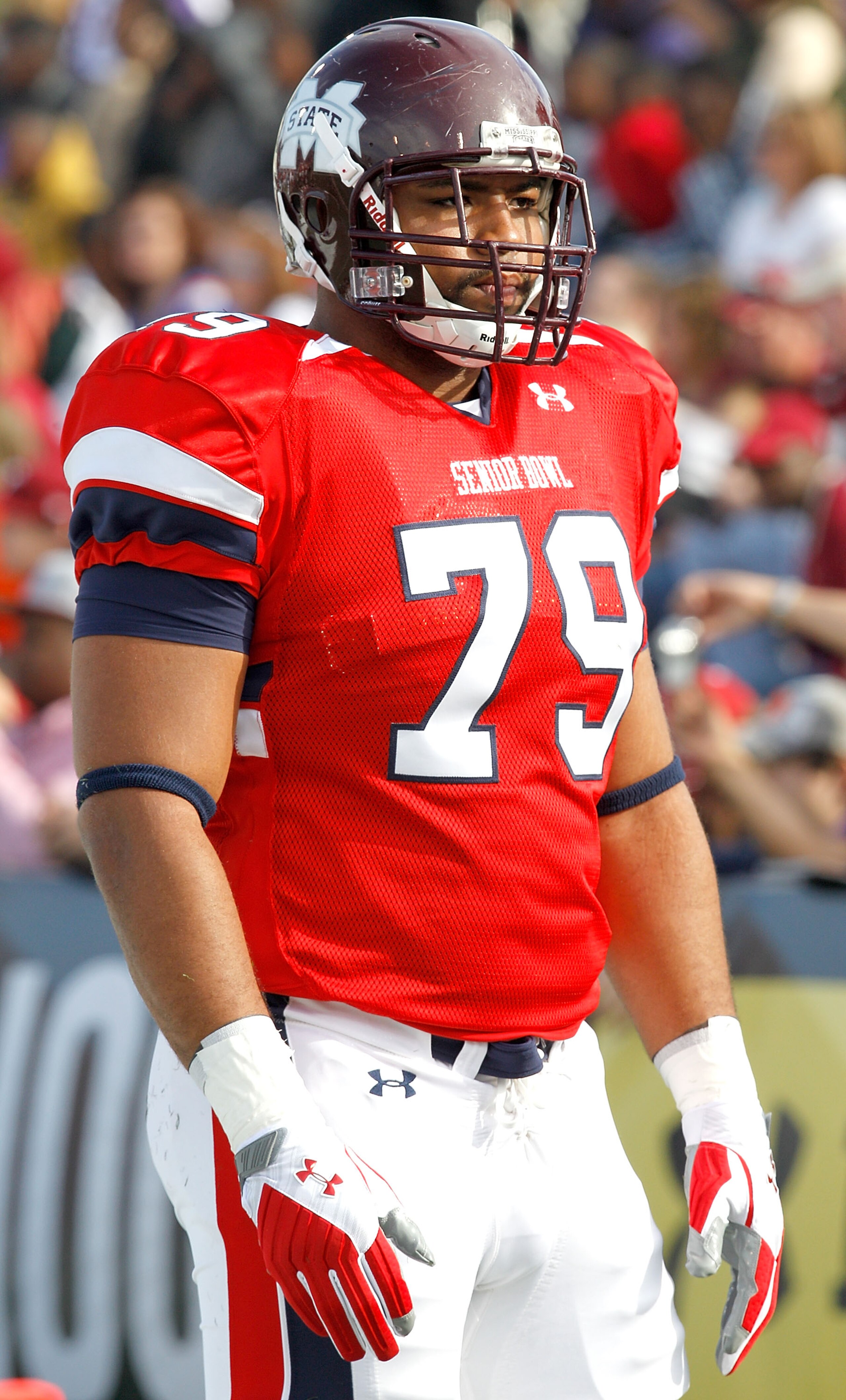 MOBILE, AL - JANUARY 29:Offensive lineman Derek Sharrod #79 of the South Team during  the Under Armour Senior Bowl on January 29, 2011 at Ladd-Pebbles Stadium in Mobile, Alabama. (Photo by Sean Gardner/Getty Images for Under Armour)
