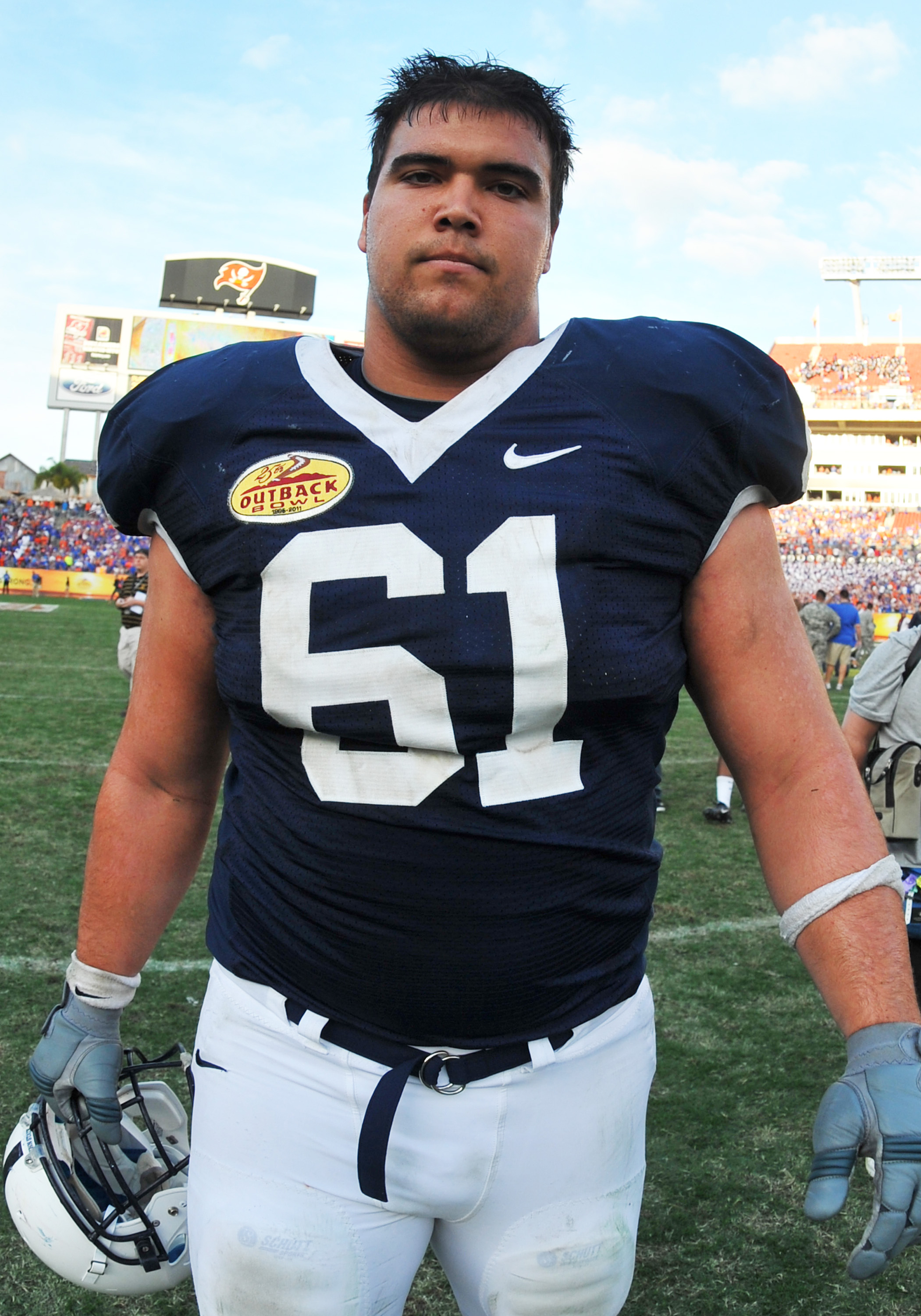 TAMPA, FL - JANUARY 1:  Guard Stefan Wisniewski #61 of the Penn State Nittany Lions leaves the field after play against the Florida Gators January 1, 2010 in the 25th Outback Bowl at Raymond James Stadium in Tampa, Florida.  (Photo by Al Messerschmidt/Get
