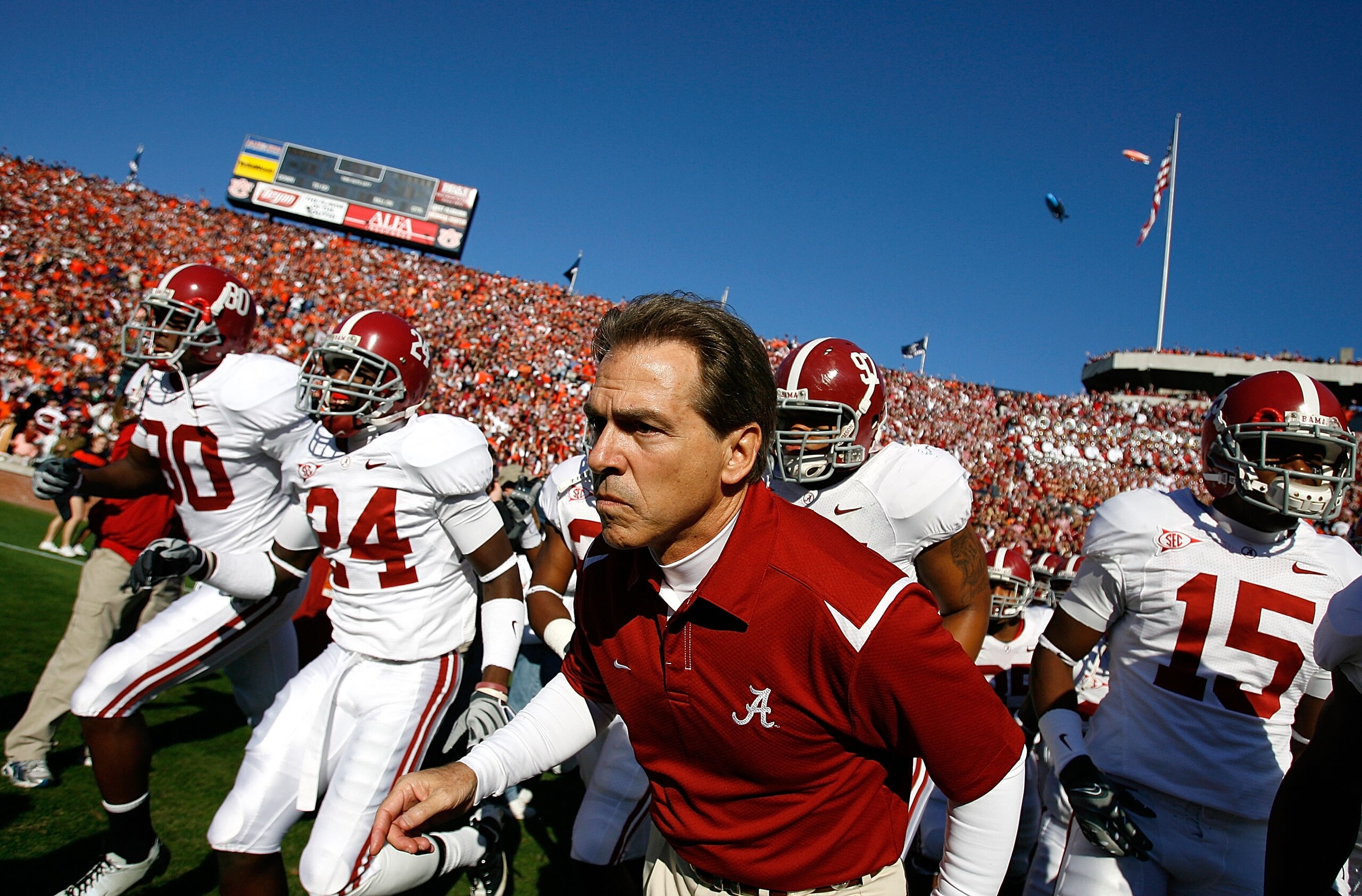 AUBURN, AL - NOVEMBER 27:  Head coach Nick Saban of the Alabama Crimson Tide leads his team onto the field to face the Auburn Tigers at Jordan-Hare Stadium on November 27, 2009 in Auburn, Alabama.  (Photo by Kevin C. Cox/Getty Images)