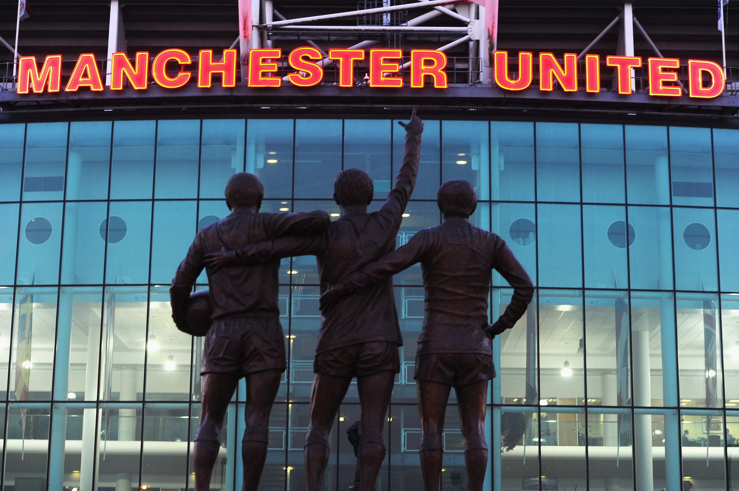 MANCHESTER, UNITED KINGDOM - MARCH 02:  A statue of George Best, Denis Law and Bobby Charlton standing outside Old Trafford, home of Manchester United on March 2, 2011 in Manchester, England.  (Photo by Mike Hewitt/Getty Images)
