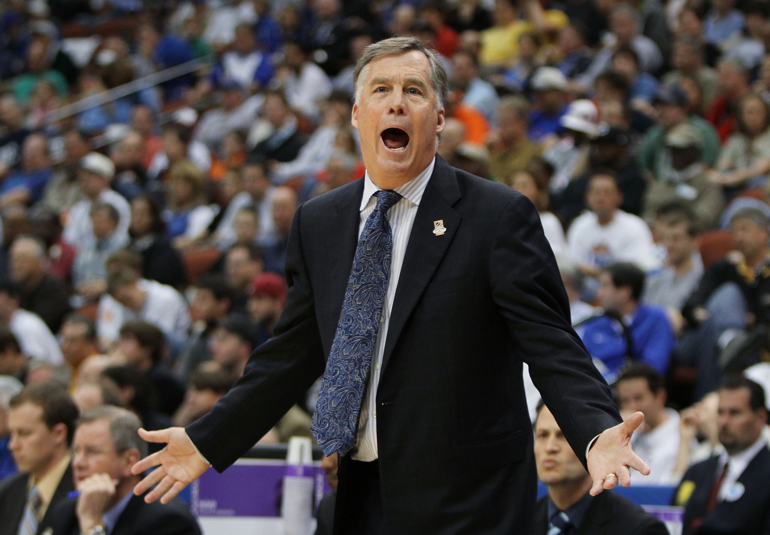 JACKSONVILLE, FL - MARCH 21:  Head coach Mike Montgomery of the California Golden Bears reacts to a calll against his team while facing the Duke Blue Devils during the second round of the 2010 NCAA men's basketball tournament at Jacksonville Veteran's Mem