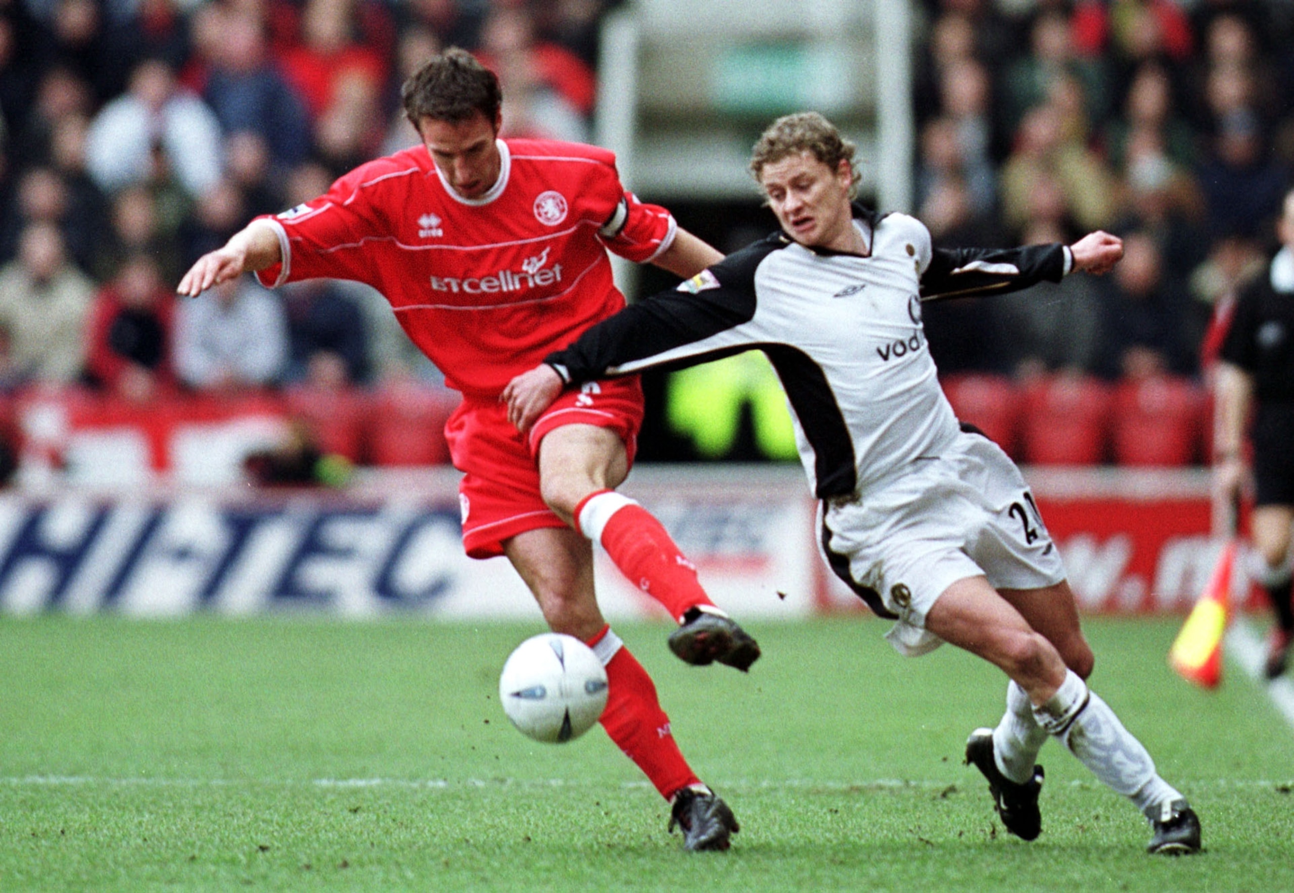 26 Jan 2002:  Ole Gunnar Solkjaer of Man Utd clashes with Gareth Southgate of Middlesbrough during the Middlesbrough v Manchester United AXA FA Cup fourth round match at the Riverside Stadium, Middlesbrough. Mandatory Credit: Michael Steele/Getty Images