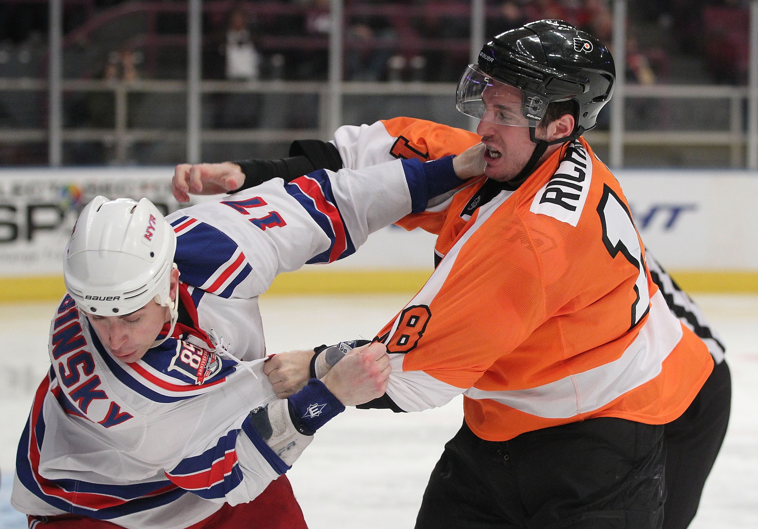 NEW YORK - MARCH 06:  Brandon Dubinsky #17 of the New York Rangers fights with Mike Richards #18 of the Philadelphia Flyers during their game on March 6, 2011 at Madison Square Garden in New York City, New York.  (Photo by Al Bello/Getty Images)