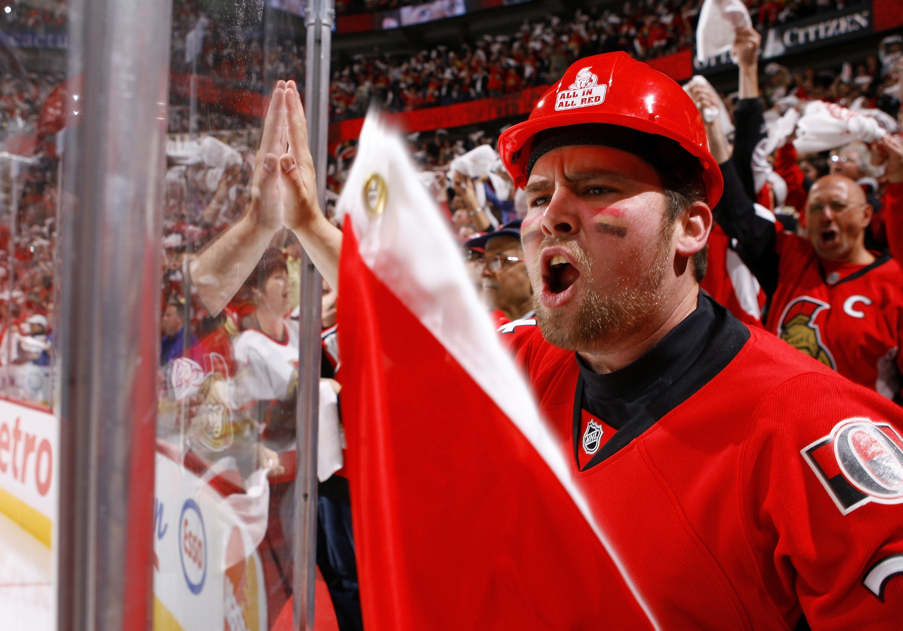 OTTAWA, ON - APRIL 24: An Ottawa Senators' fan show his support in Game 6 of the Eastern Conference Quaterfinals against the Pittsburgh Penguins during the 2010 Stanley Cup Playoffs at Scotiabank Place on April 24, 2010 in Ottawa, Canada. (Photo by Phil