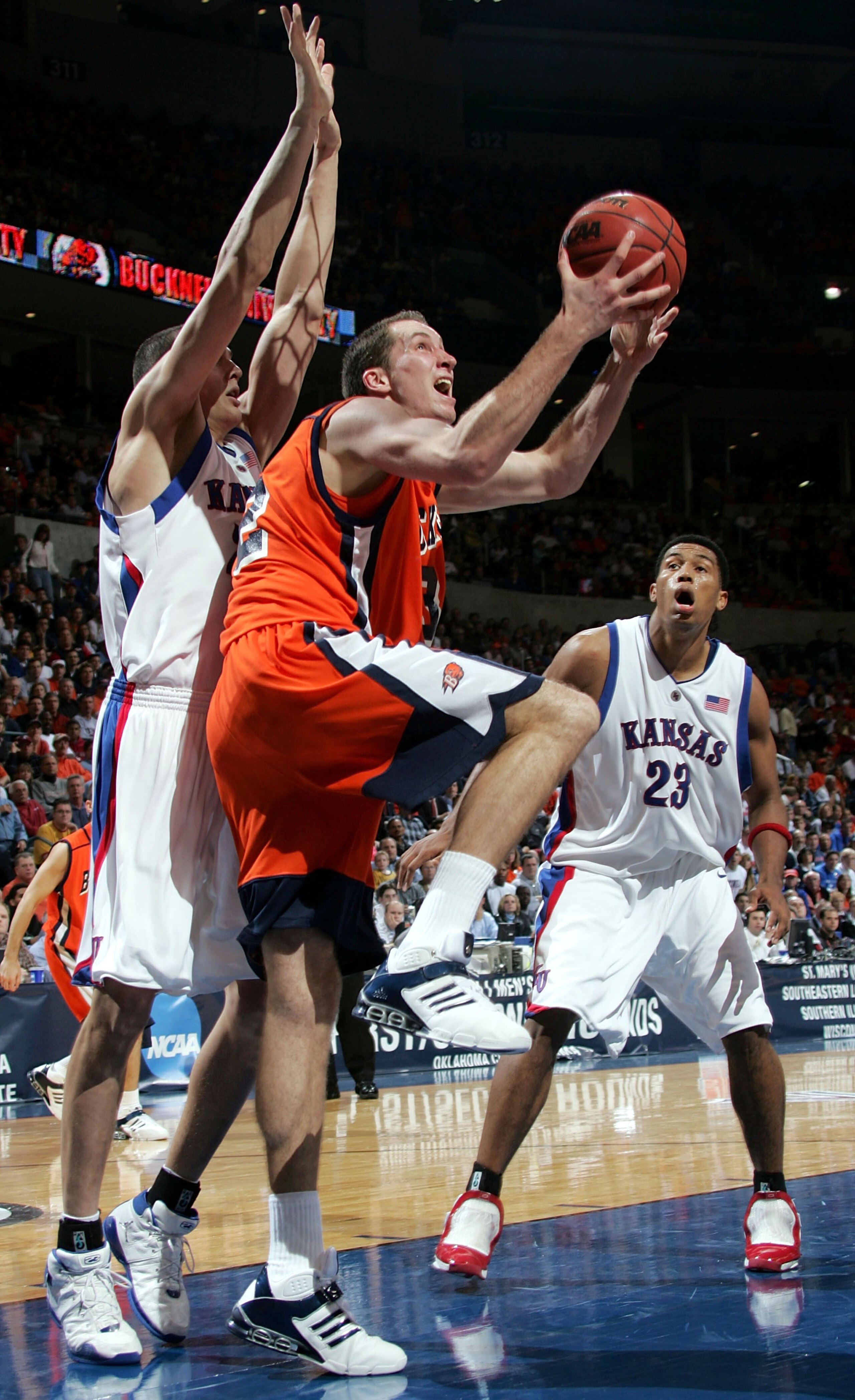 OKLAHOMA CITY - MARCH 18:  Chris McNaughton #32 of the Bucknell Bison goes up for a layup in the first half against the Kansas Jayhawks during the first round of the NCAA Men's Basketball Championship on March 18, 2005 at the Ford Center in Oklahoma City,