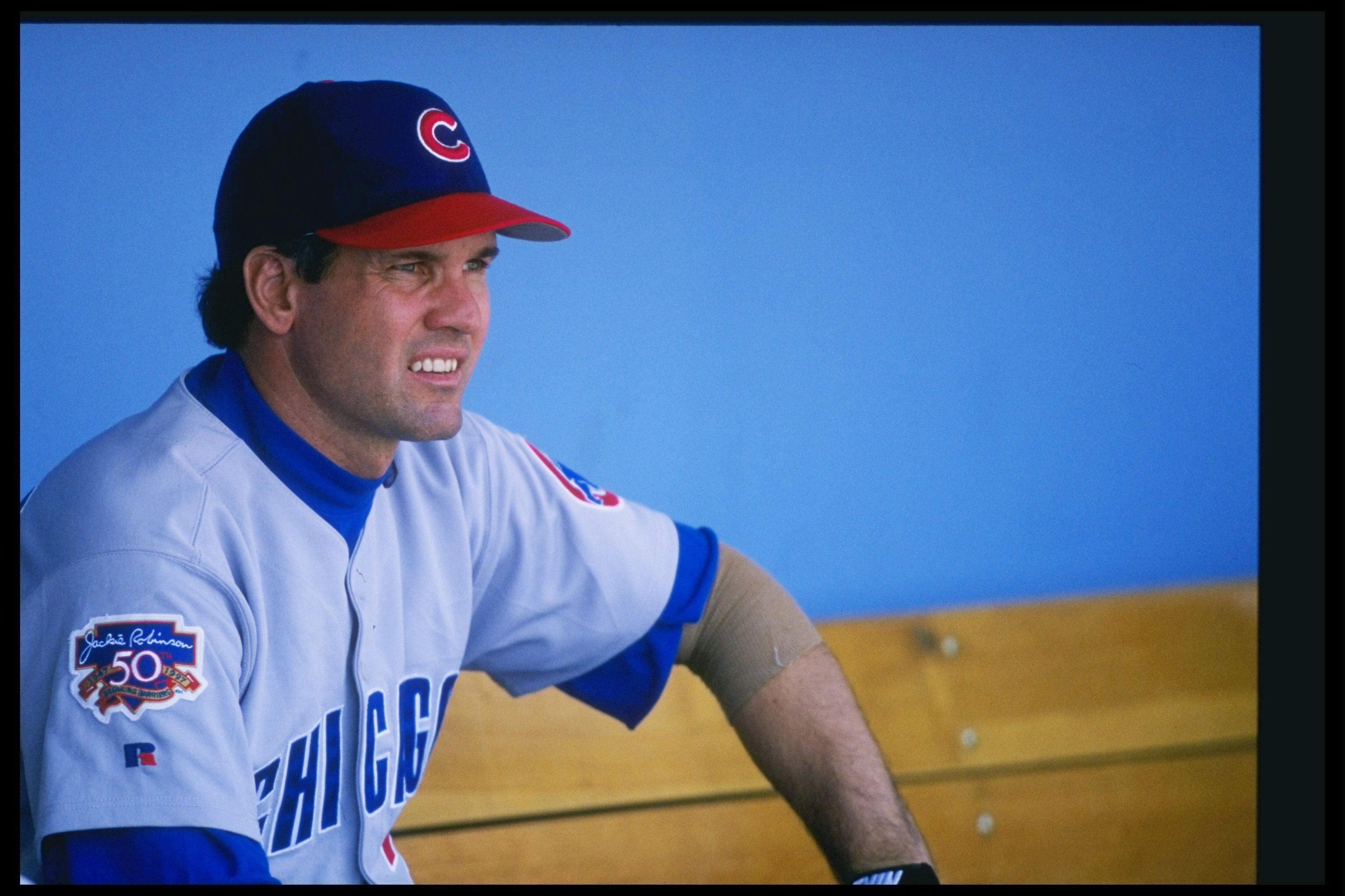 4 May 1997:  Second basemen Ryne Sandberg of the Chicago Cubs sits in the dugout during a game against the Los Angeles Dodgers at Dodger Stadium in Los Angeles, California.  The Dodgers won the game 5-2. Mandatory Credit: Jed Jacobsohn  /Allsport