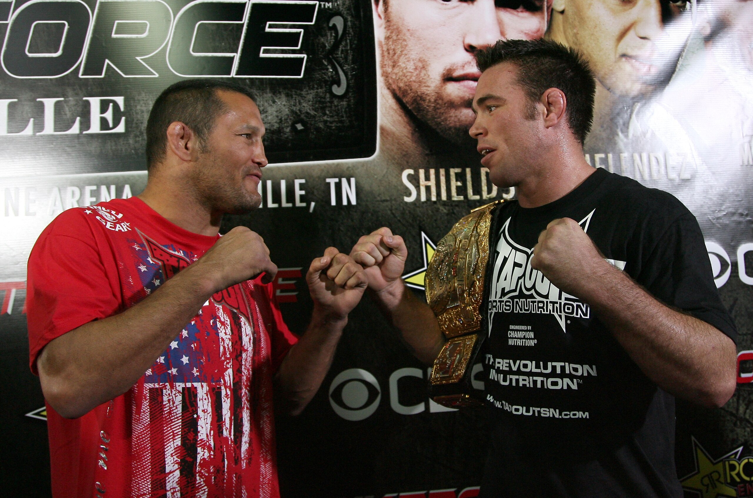 HOLLYWOOD - MARCH 17:  Legendary MMA Superstar and two time Olympic Wrestler Dan Henderson (L) and Strikeforce World Middleweight Champion Jake Shields (R)  attend the CBS' Strikeforce MMA Fighters Open Media Workout on March 17, 2010 in Hollywood, Califo