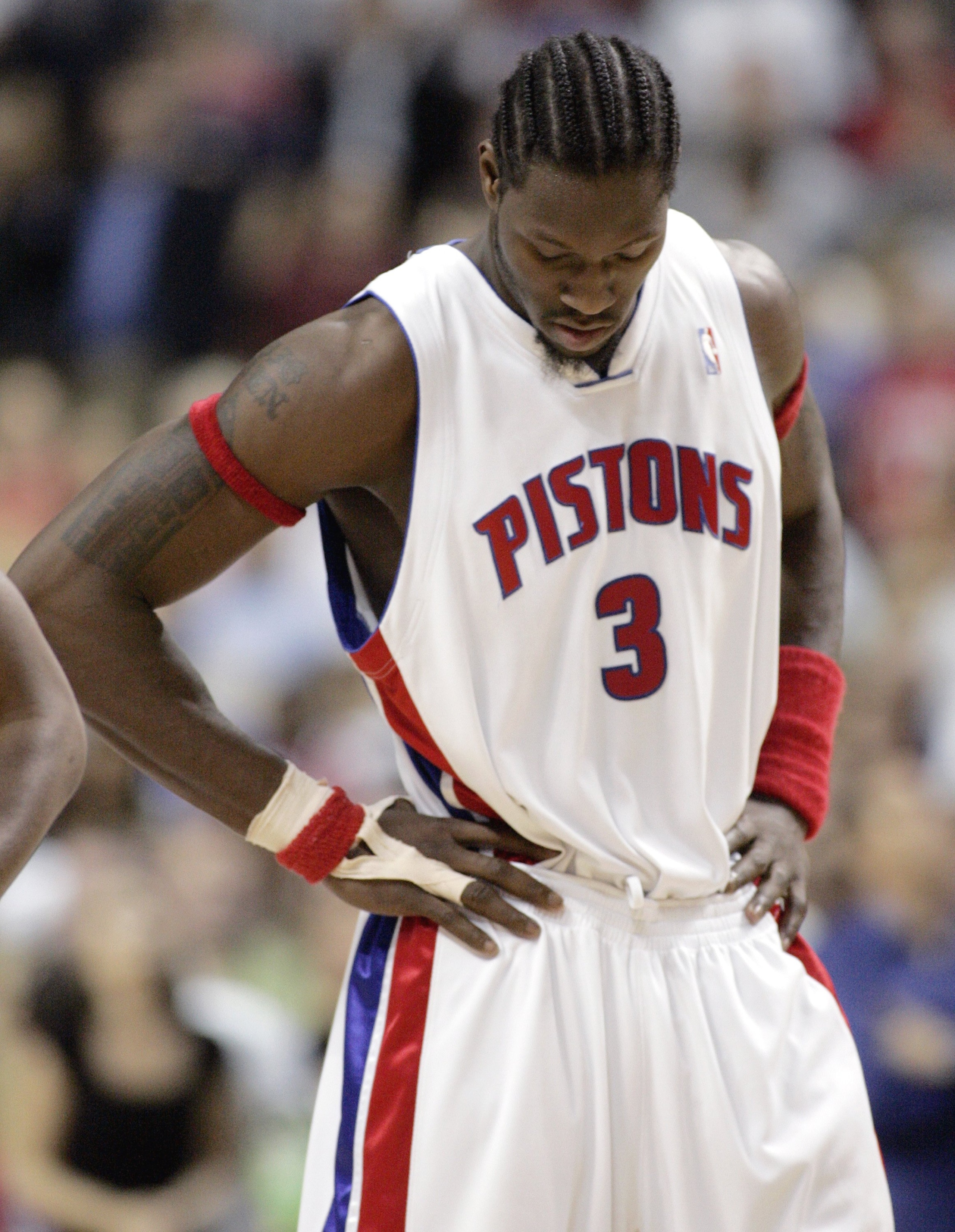 AUBURN HILLS, MI - MAY 17:  Ben Wallace #3 of the Detroit Pistons reacts after missing the first of two free throws late in game five of the Eastern Conference Semifinals against the Cleveland Cavaliers during the 2006 NBA Playoffs at the Palace of Aubrun