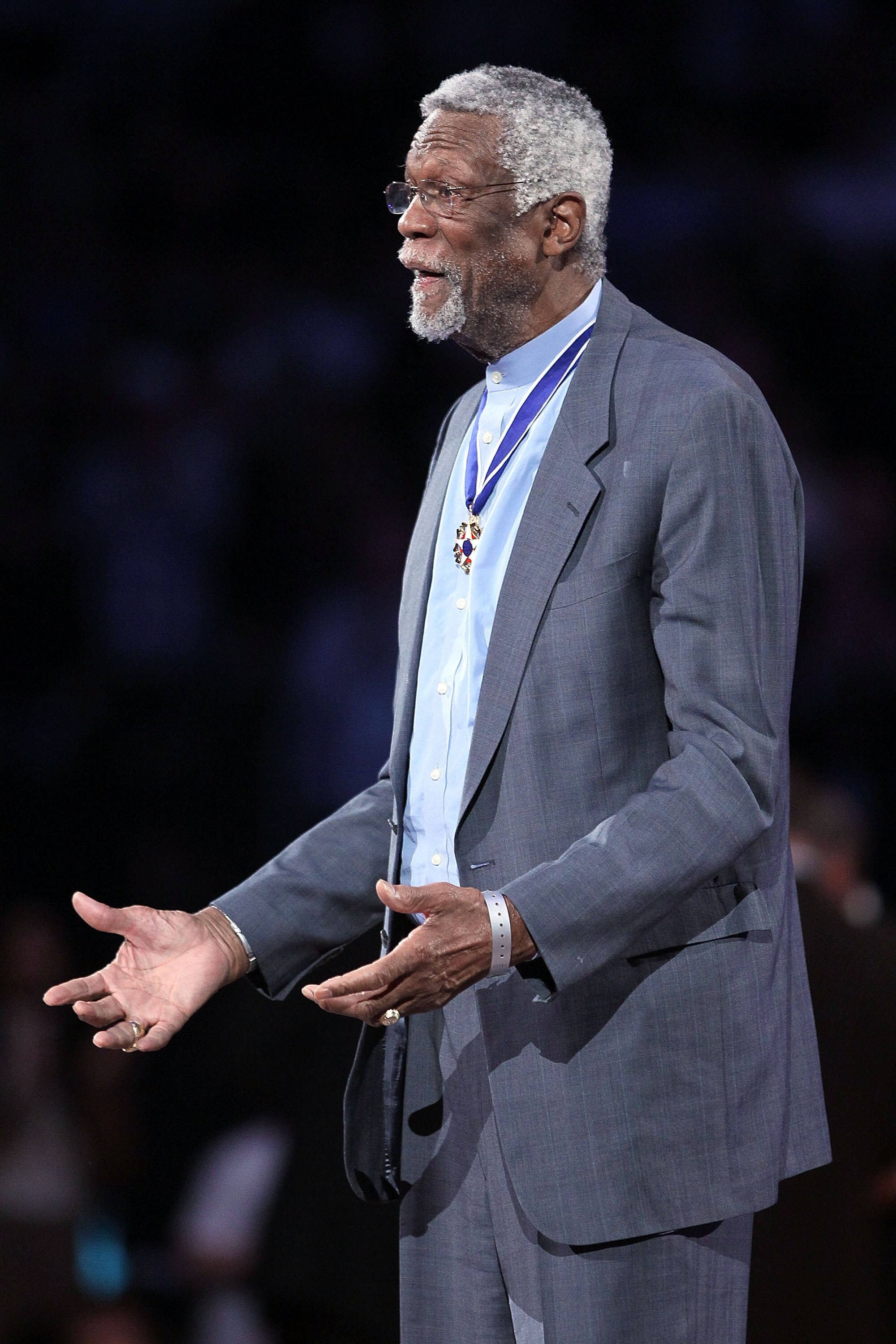 LOS ANGELES, CA - FEBRUARY 20:  NBA legend Bill Russell is acknowledged for recieving the Medal of Freedom on the court at the 2011 NBA All-Star Game at Staples Center on February 20, 2011 in Los Angeles, California. NOTE TO USER: User expressly acknowled