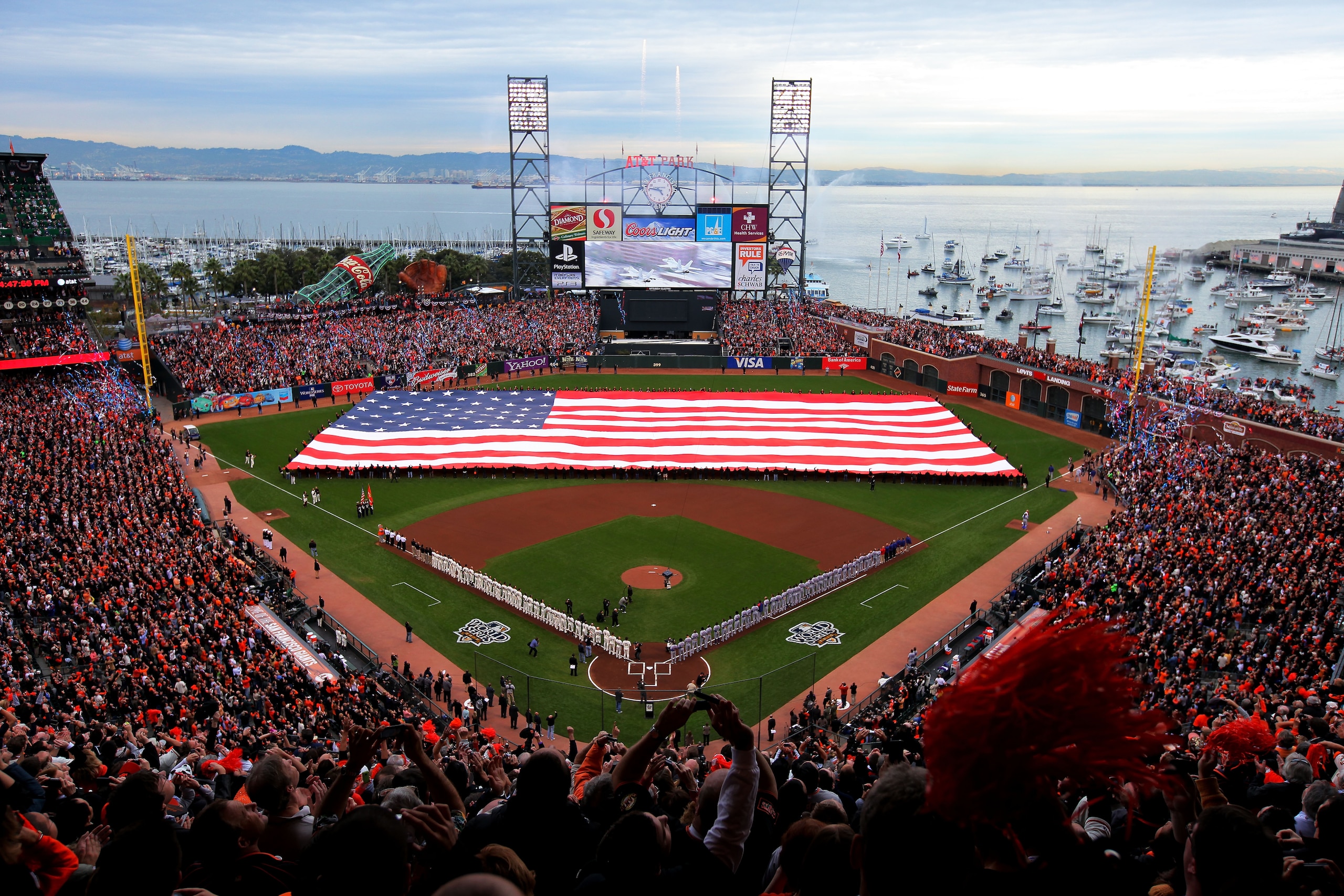 SAN FRANCISCO - OCTOBER 27:  A giant American flag is displayed on the field before Game One of the 2010 MLB World Series against the San Francisco Giants at AT&T Park on October 27, 2010 in San Francisco, California.  (Photo by Doug Pensinger/Getty Image
