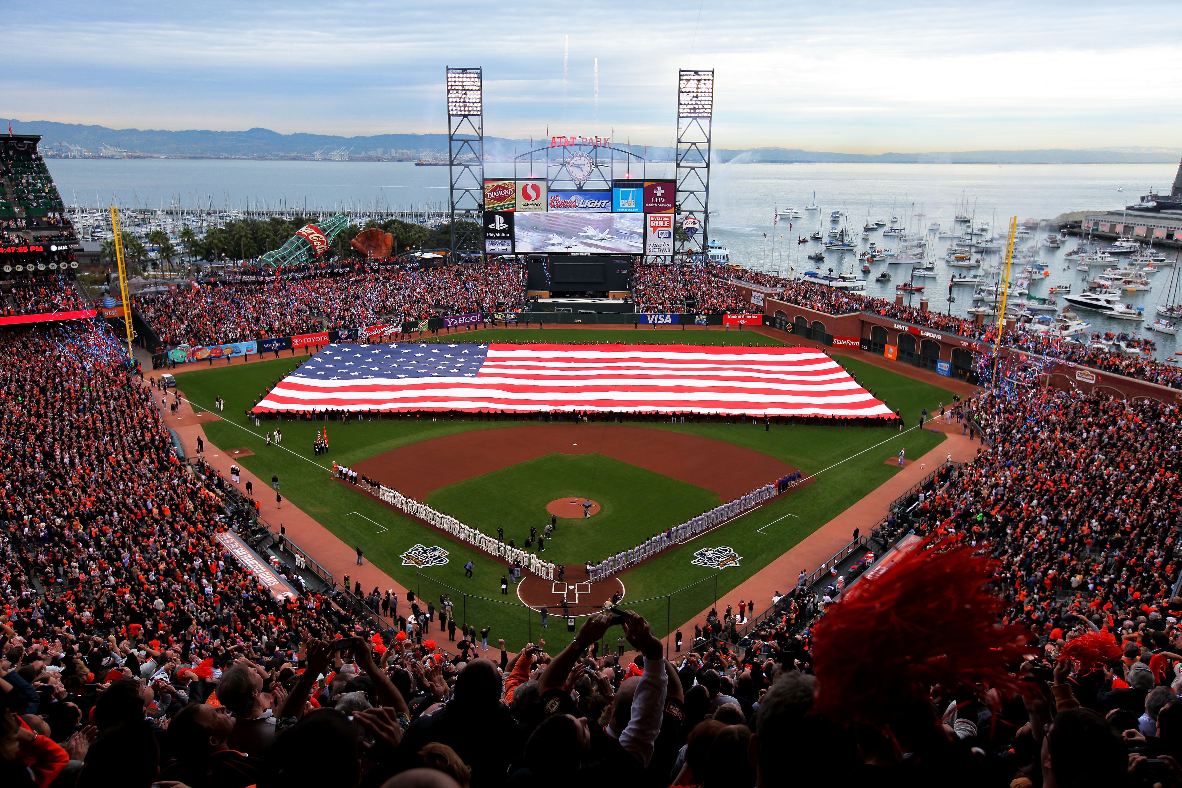 SAN FRANCISCO - OCTOBER 27: A giant American flag is displayed on the field before Game One of the 2010 MLB World Series against the San Francisco Giants at AT&T Park on October 27, 2010 in San Francisco, California. (Photo by Doug Pensinger/Getty Image SAN FRANCISCO - OCTOBER 27: A giant American flag is displayed on the field before Game One of the 2010 MLB World Series against the San Francisco Giants at AT&T Park on October 27, 2010 in San Francisco, California. (Photo by Doug Pensinger/Getty Image