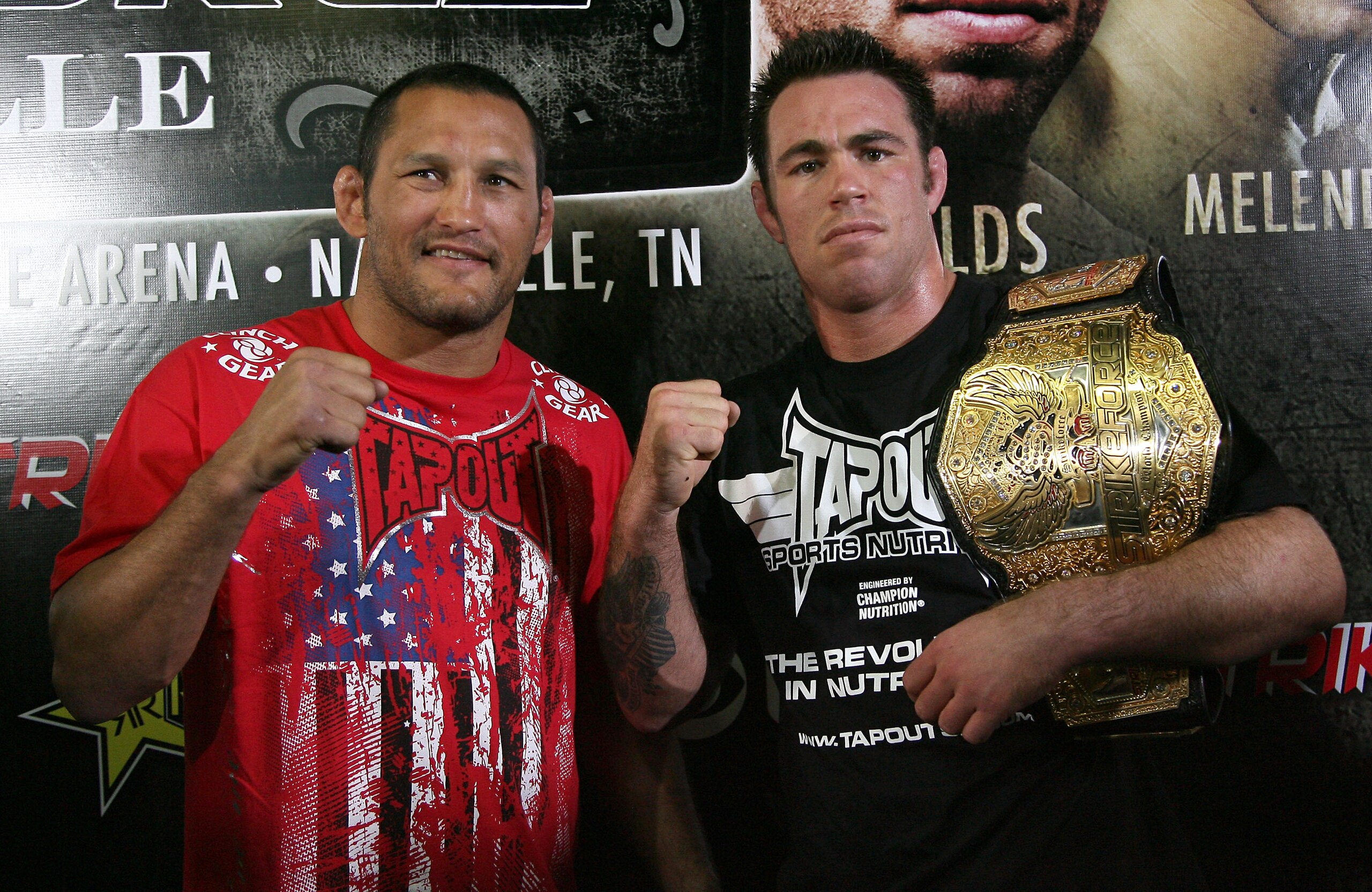 HOLLYWOOD - MARCH 17:  Legendary MMA Superstar and two time Olympic Wrestler Dan Henderson (L) and Strikeforce World Middleweight Champion Jake Shields (R)  attend the CBS' Strikeforce MMA Fighters Open Media Workout on March 17, 2010 in Hollywood, Califo