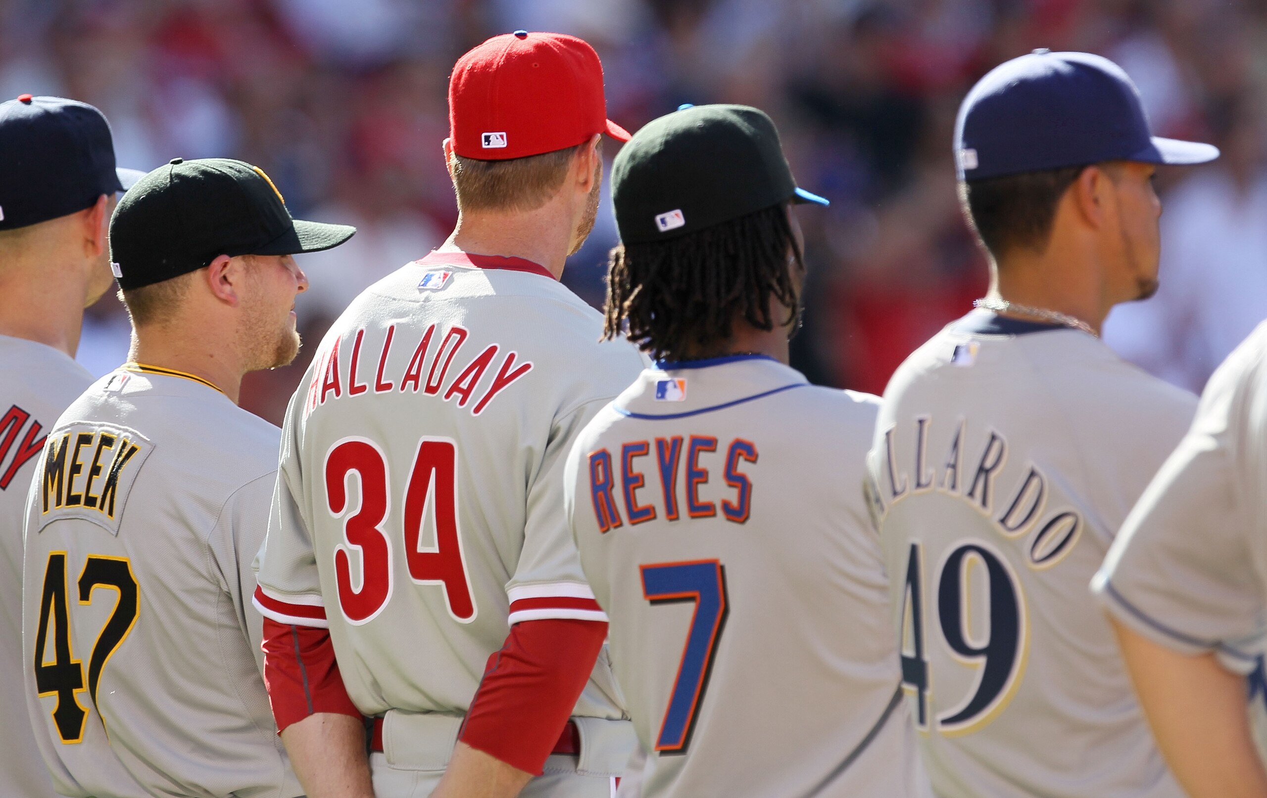 ANAHEIM, CA - JULY 13: (L) National League All-Star pitcher Evan Meek stands with his teammates prior to the 81st MLB All-Star Game at Angel Stadium of Anaheim on July 13, 2010 in Anaheim, California. (Photo by Stephen Dunn/Getty Images) ANAHEIM, CA - JULY 13: (L) National League All-Star pitcher Evan Meek stands with his teammates prior to the 81st MLB All-Star Game at Angel Stadium of Anaheim on July 13, 2010 in Anaheim, California. (Photo by Stephen Dunn/Getty Images)