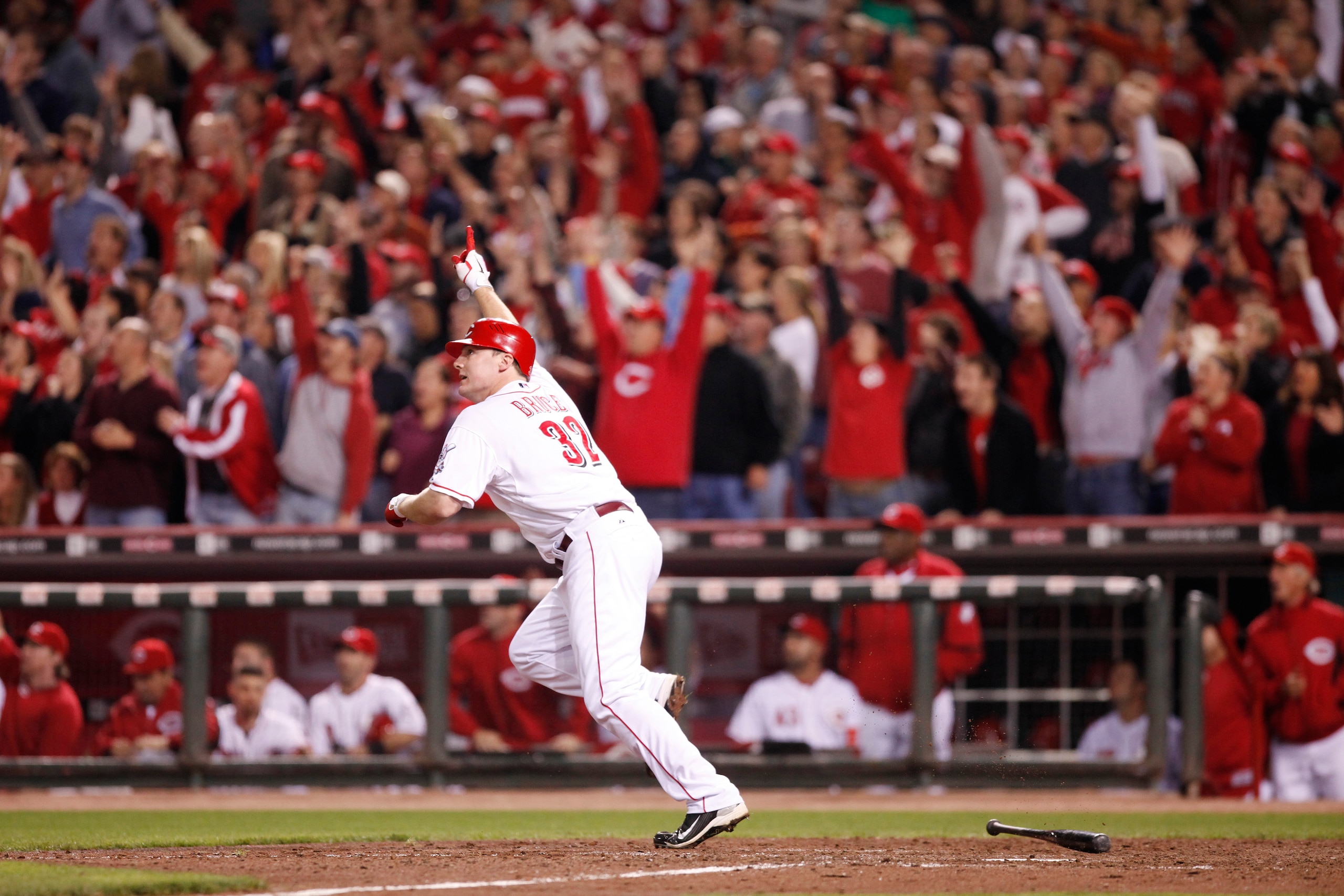 CINCINNATI, OH - SEPTEMBER 28: Jay Bruce #32 of the Cincinnati Reds celebrates a walk off home run against the Houston Astros at Great American Ball Park on September 28, 2010 in Cincinnati, Ohio. The Reds won 3-2 to clinch the NL Central Division title. CINCINNATI, OH - SEPTEMBER 28: Jay Bruce #32 of the Cincinnati Reds celebrates a walk off home run against the Houston Astros at Great American Ball Park on September 28, 2010 in Cincinnati, Ohio. The Reds won 3-2 to clinch the NL Central Division title.