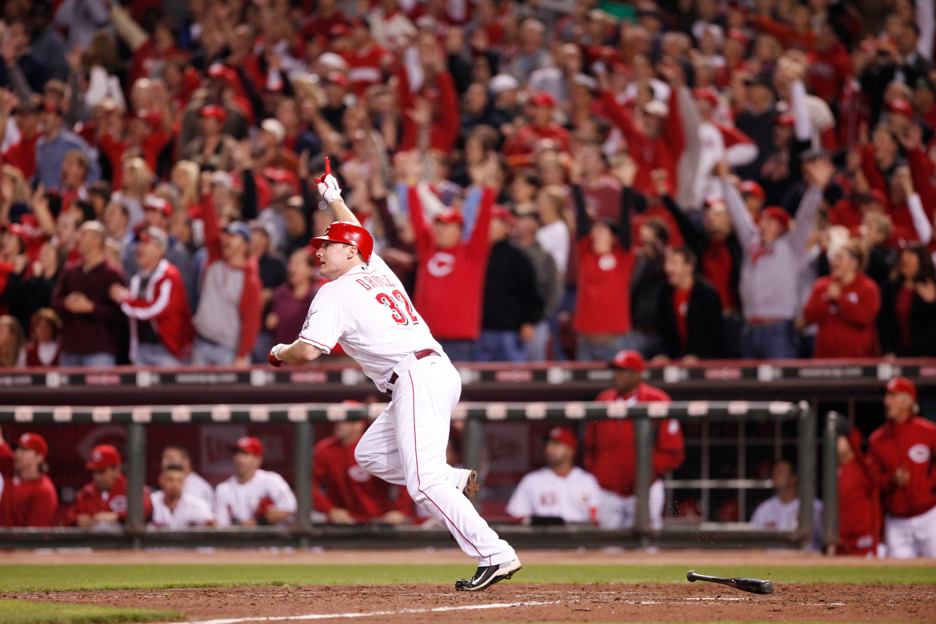 CINCINNATI, OH - SEPTEMBER 28: Jay Bruce #32 of the Cincinnati Reds celebrates a walk off home run against the Houston Astros at Great American Ball Park on September 28, 2010 in Cincinnati, Ohio. The Reds won 3-2 to clinch the NL Central Division title. CINCINNATI, OH - SEPTEMBER 28: Jay Bruce #32 of the Cincinnati Reds celebrates a walk off home run against the Houston Astros at Great American Ball Park on September 28, 2010 in Cincinnati, Ohio. The Reds won 3-2 to clinch the NL Central Division title.