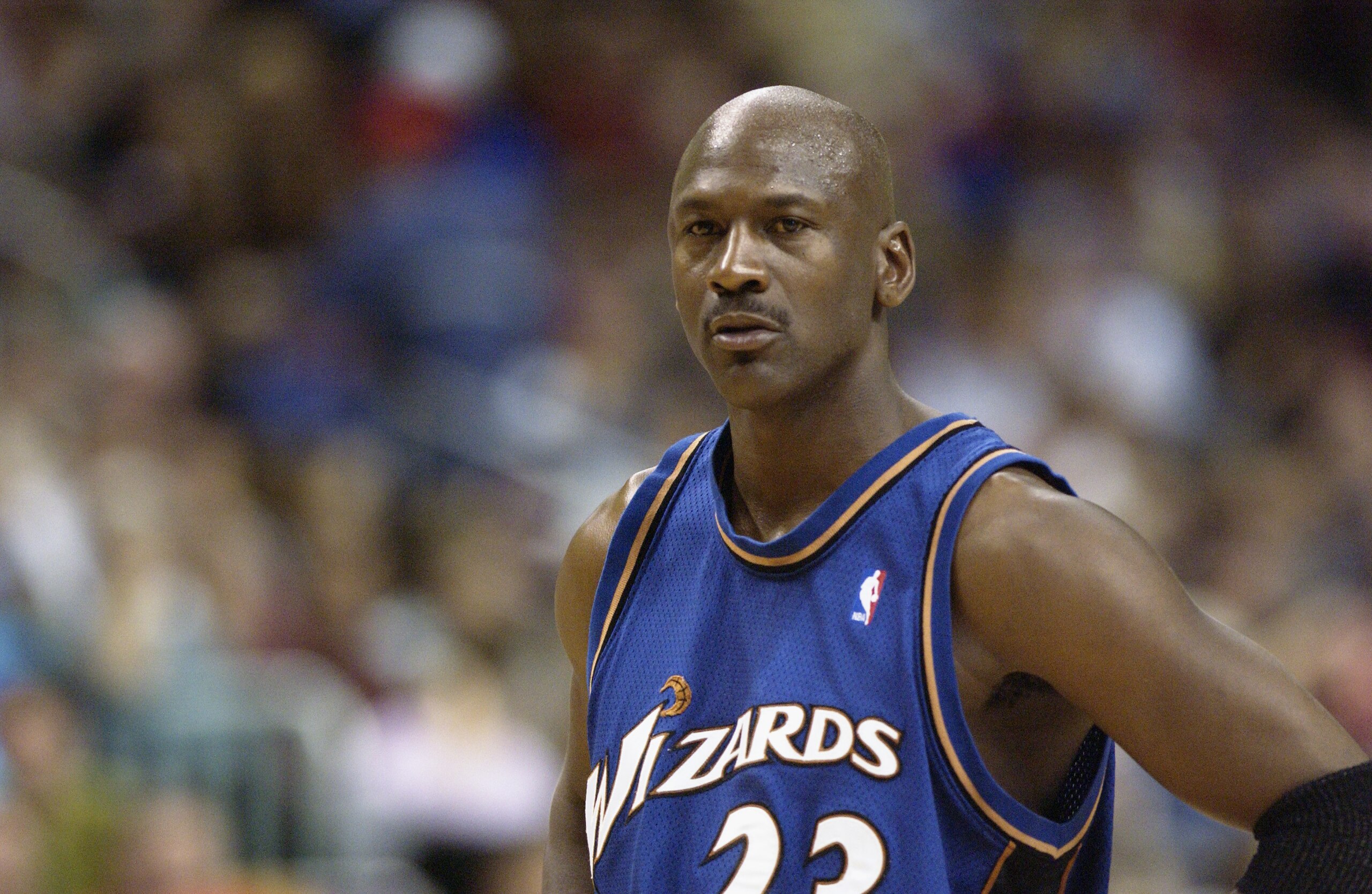 PHILADELPHIA - APRIL 16: Michael Jordan #23 of the Washington Wizards on the court during the final NBA game of his career, played against the Philadelphia 76ers at First Union Center on March 30, 2003 in Philadelphia, Pennsylvania. The Sixers won 107-8 PHILADELPHIA - APRIL 16: Michael Jordan #23 of the Washington Wizards on the court during the final NBA game of his career, played against the Philadelphia 76ers at First Union Center on March 30, 2003 in Philadelphia, Pennsylvania. The Sixers won 107-8
