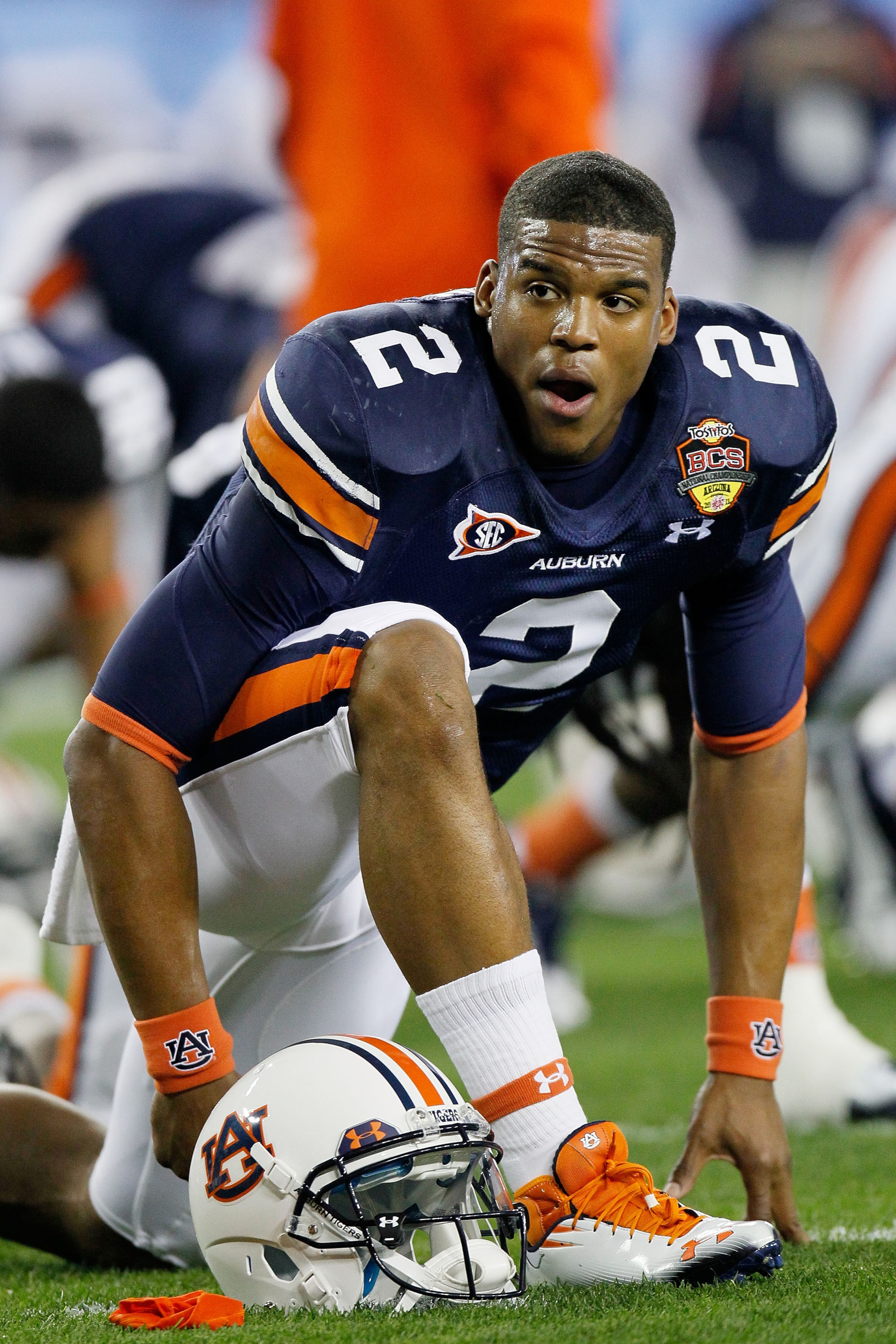 GLENDALE, AZ - JANUARY 10:  Cameron Newton #2 of the Auburn Tigers reacts during their game against the Oregon Ducks during the Tostitos BCS National Championship Game at University of Phoenix Stadium on January 10, 2011 in Glendale, Arizona.  (Photo by K