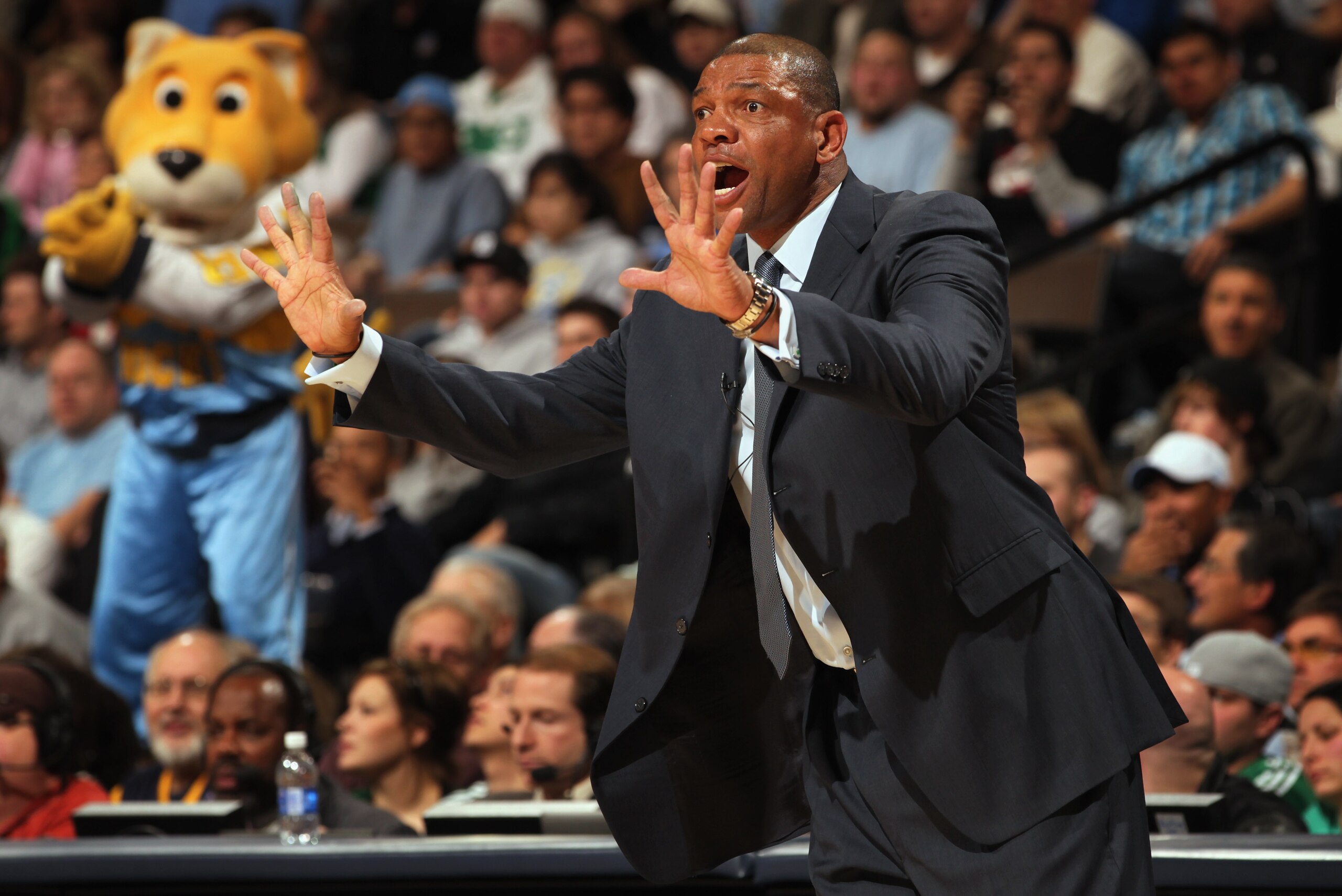 DENVER, CO - FEBRUARY 24:  Head coach Doc Rivers of the Boston Celtics leads his team against the Denver Nuggets during NBA action at the Pepsi Center on February 24, 2011 in Denver, Colorado. The Nuggets defeated the Celtics 89-75. NOTE TO USER: User exp