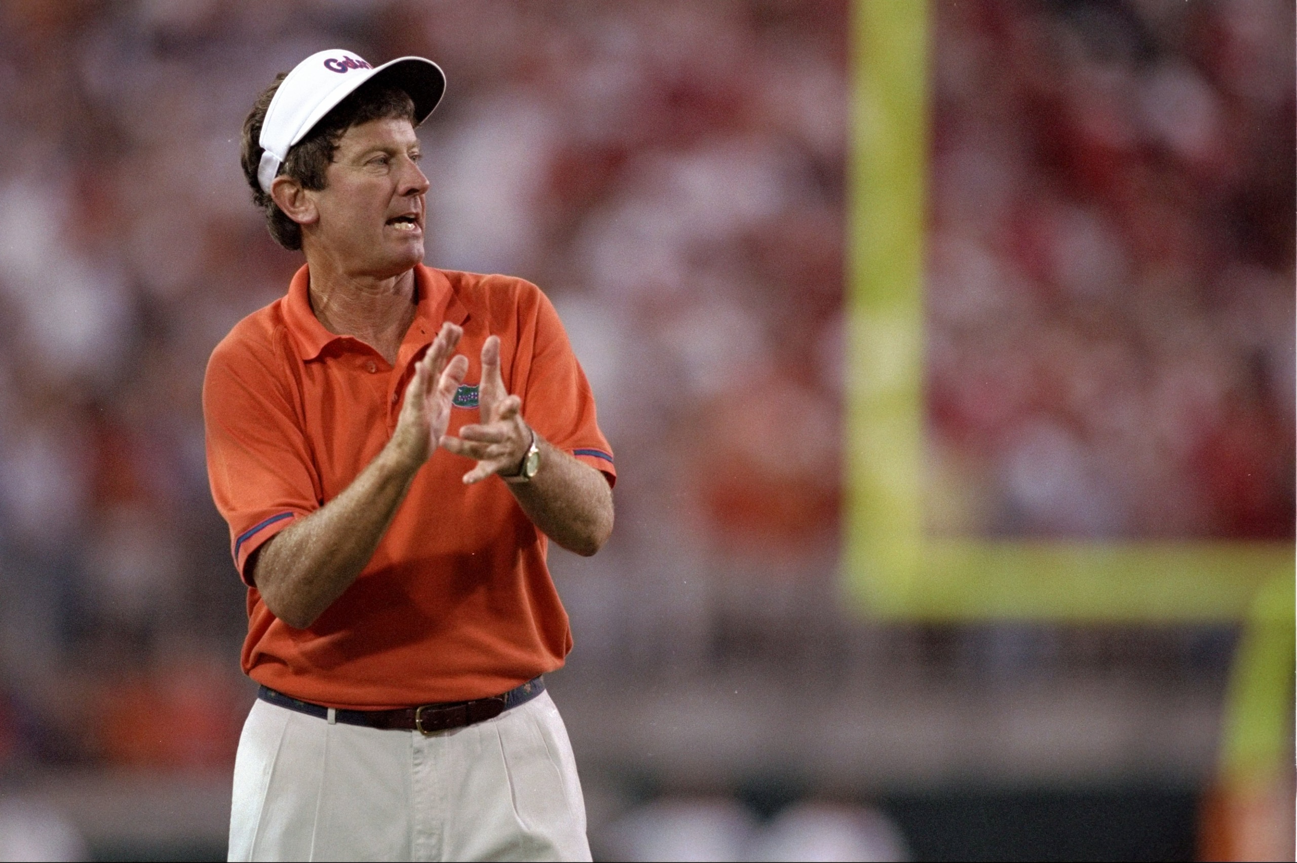 31 Oct 1998: Steve Spurrier Head Coach of the  Florida Gators cheers his team on during a game against  the Georgia Bulldogs at Alltel Stadium in Jacksonville, Florida. Florida defeated Georgia 38-7. Mandatory Credit: Andy Lyons  /Allsport