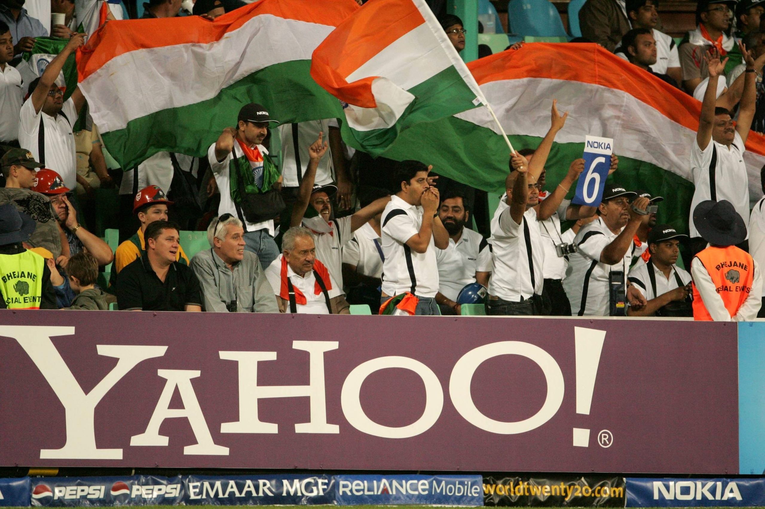DURBAN, SOUTH AFRICA - 19 September:  'YAHOO' Virender Sehwag in full flow with the crowd behind him during the ICC Twenty20 Cricket World Championship Super Eights match between England and India at Kingsmead on September 19, 2007 in Durban, South Africa