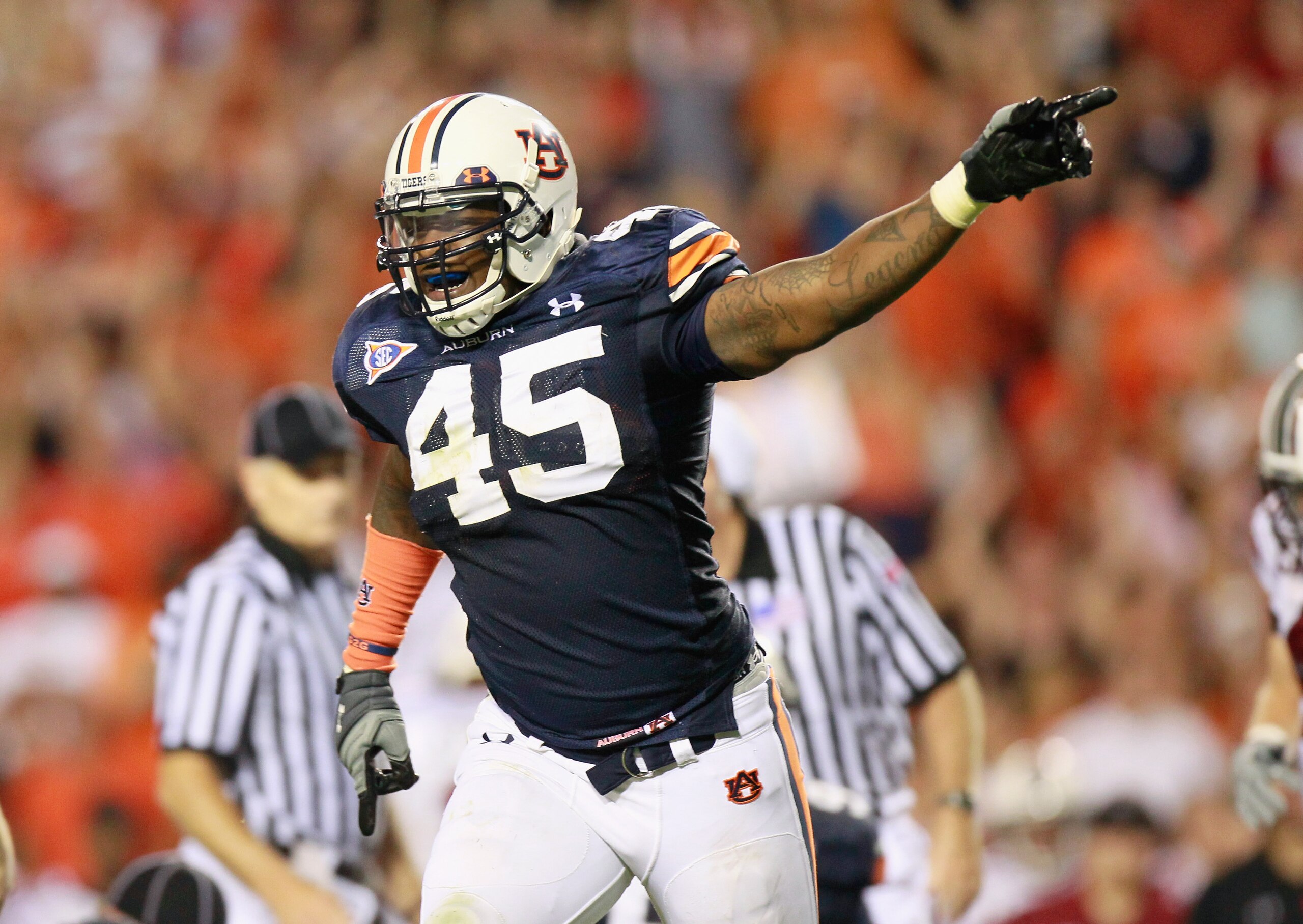 AUBURN, AL - SEPTEMBER 25:  Antoine Carter #45 of the Auburn Tigers against the South Carolina Gamecocks at Jordan-Hare Stadium on September 25, 2010 in Auburn, Alabama.  (Photo by Kevin C. Cox/Getty Images)