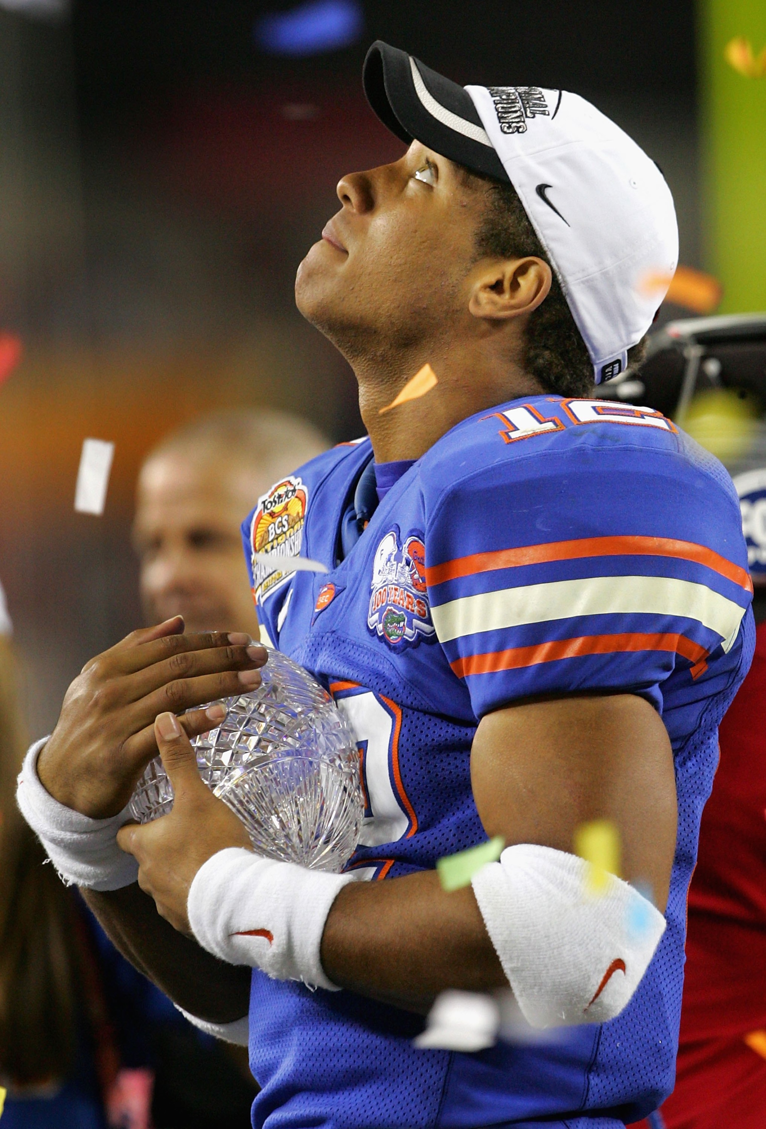 GLENDALE, AZ - JANUARY 08:  Quarterback Chris Leak #12 of the Florida Gators celebrates with the BCS Championship trophy after defeating the Ohio State Buckeyes 41-14 during the 2007 Tostitos BCS National Championship Game at the University of Phoenix Sta