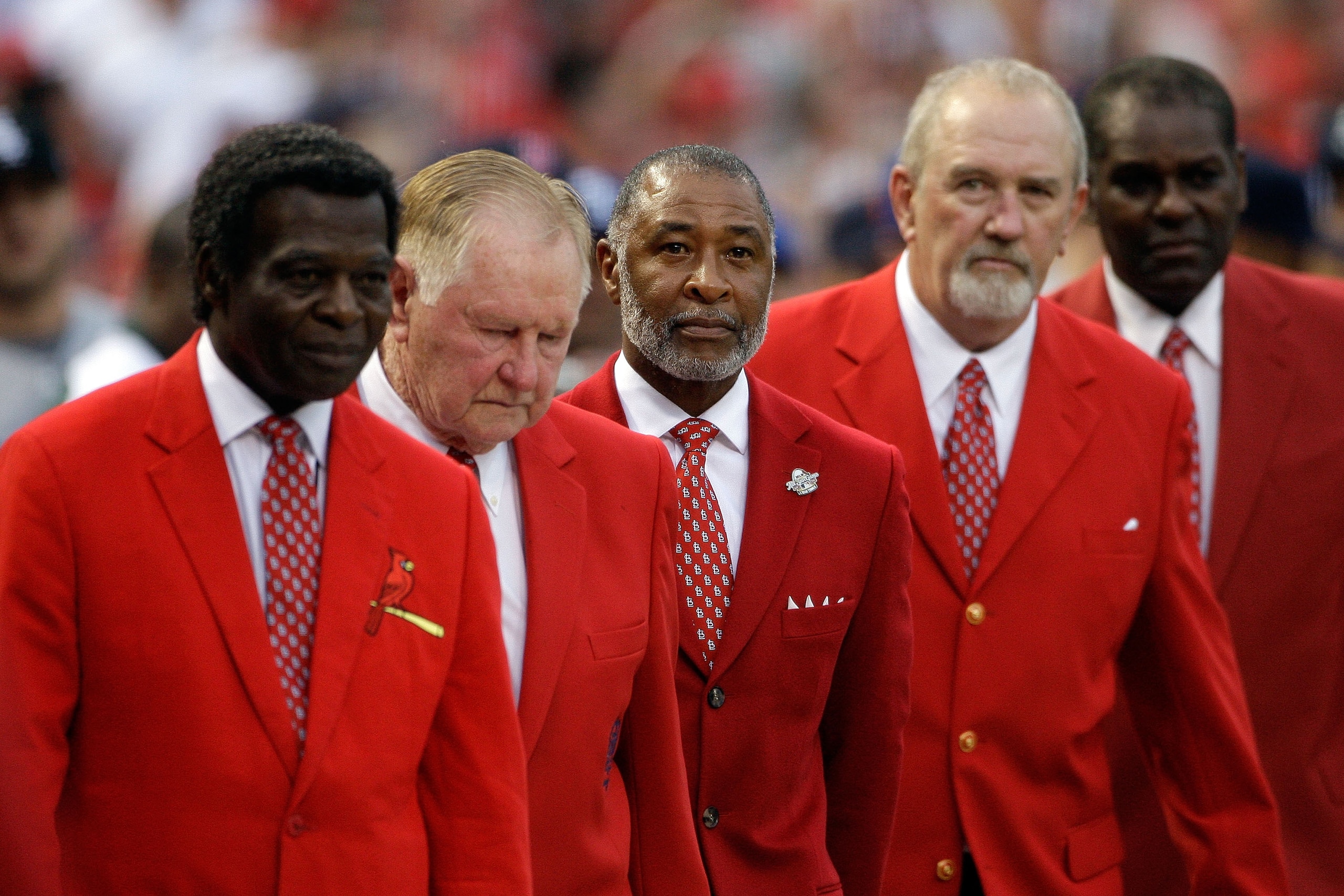 ST LOUIS, MO - JULY 14:  Former St. Louis Cardinals (L-R) Lou Brock, Red Schoendienst, Ozzie Smith, Bruce Sutter, and Bob Gibson look on before the 2009 MLB All-Star Game at Busch Stadium on July 14, 2009 in St Louis, Missouri.  (Photo by Morry Gash-Pool/
