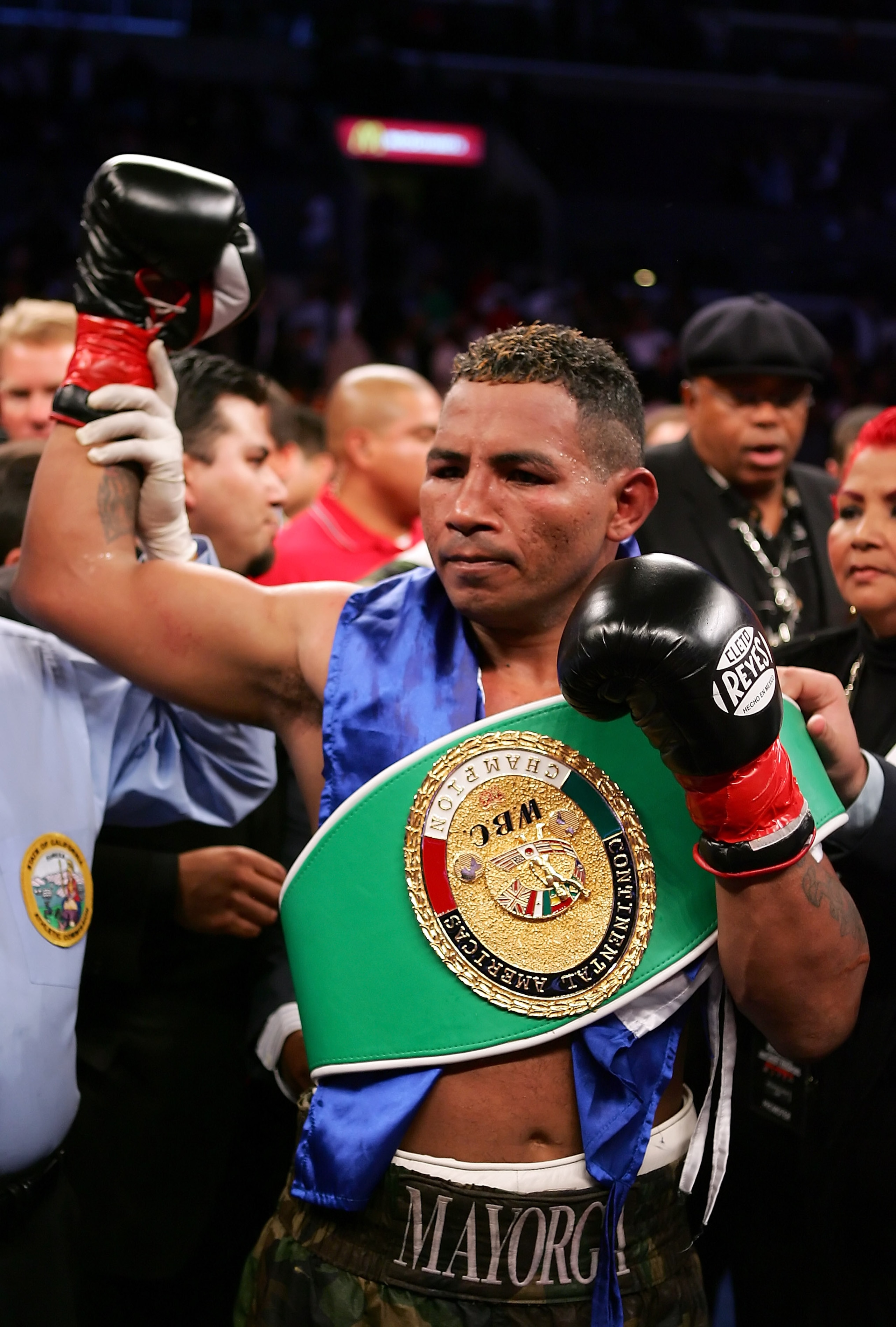 LOS ANGELES, CA - NOVEMBER 23:  Ricardo Mayorga celebrates his victory over Fernando Vargas after their Super Middleweight fight at Staples Center on November 23, 2007 in Los Angeles, California.  Mayorga won by a 12th round majority decision. (Photo by R