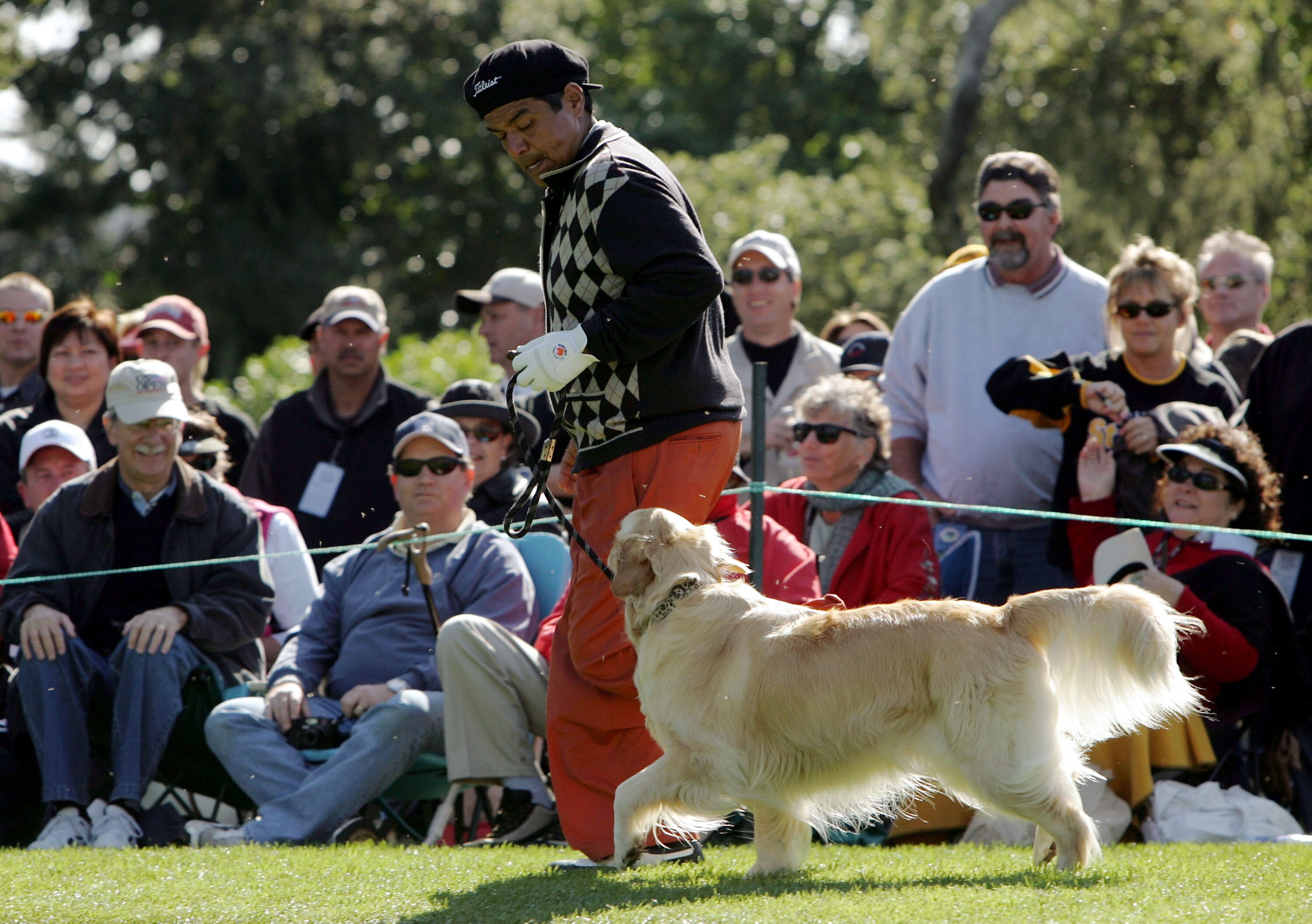 PEBBLE BEACH, CA - FEBRUARY 12:  Comedian George Lopez runs with a golden retriever to fetch his golf ball on the 16th hole during the third round of the AT&T Pebble Beach National Pro-Am on February 12, 2005 at the Pebble Beach Golf Links in Pebble Beach