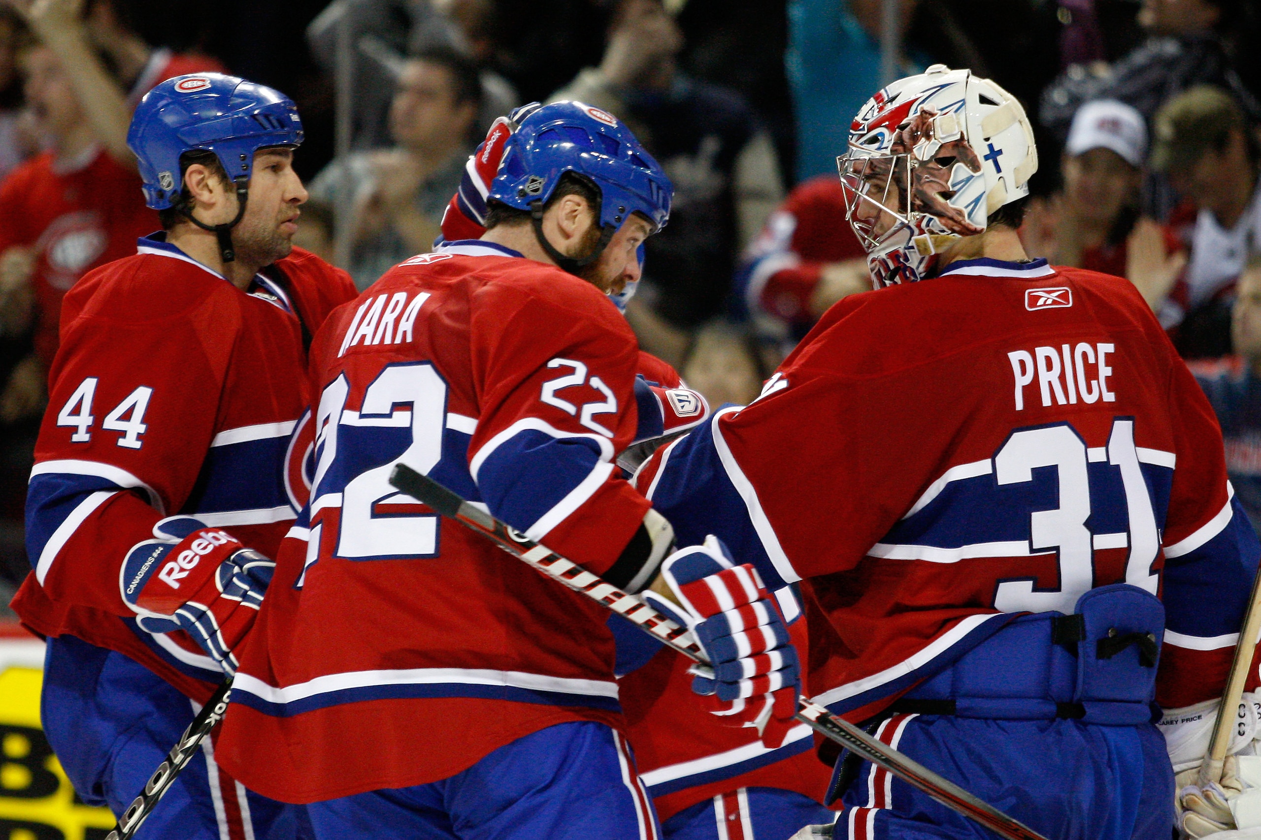 MONTREAL, CANADA - MARCH 8: Members of the Montreal Canadiens celebrate the 4-1 victory over the Boston Bruins during the NHL game at the Bell Centre on March 8, 2011 in Montreal, Quebec, Canada. (Photo by Richard Wolowicz/Getty Images) MONTREAL, CANADA - MARCH 8: Members of the Montreal Canadiens celebrate the 4-1 victory over the Boston Bruins during the NHL game at the Bell Centre on March 8, 2011 in Montreal, Quebec, Canada. (Photo by Richard Wolowicz/Getty Images)