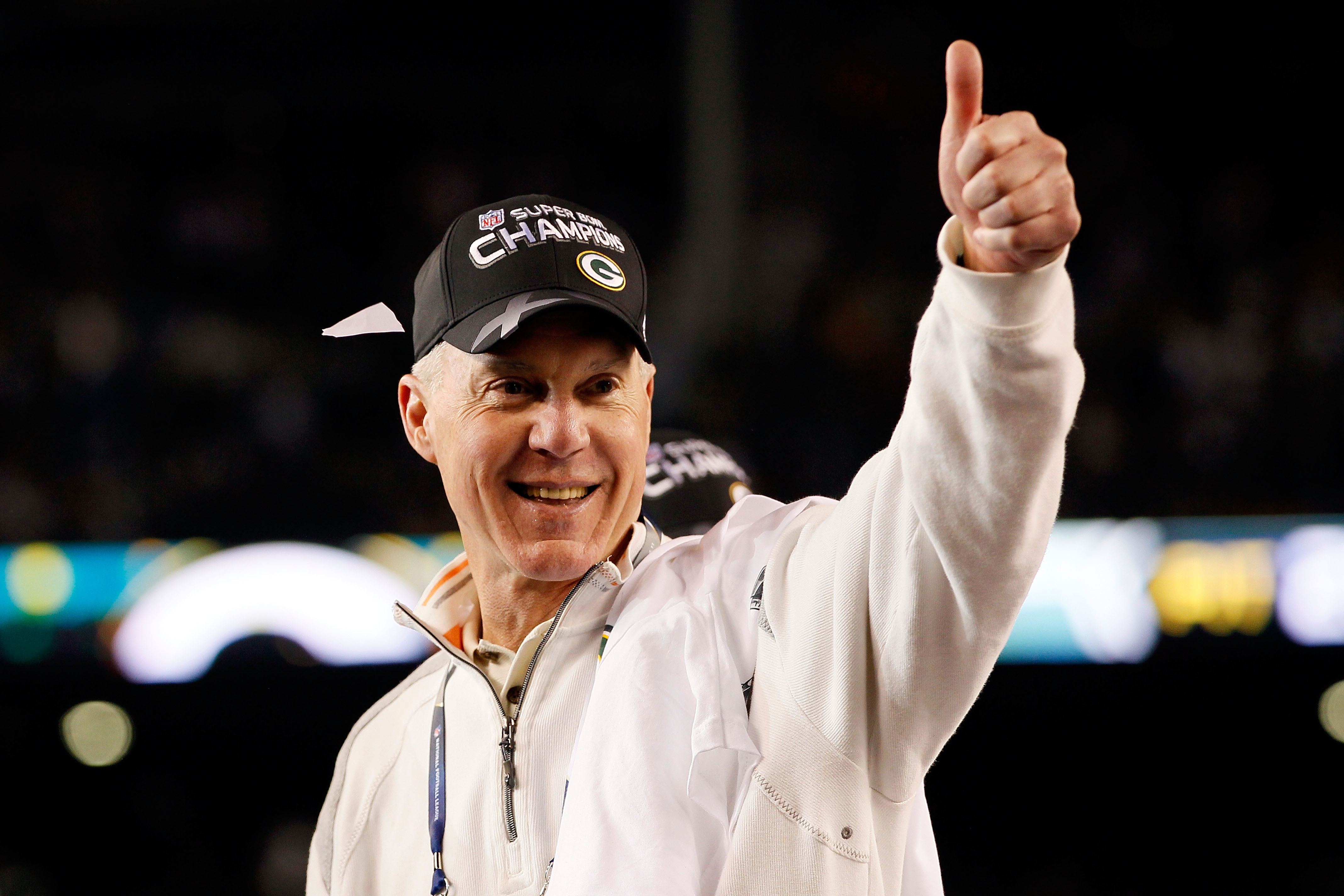 ARLINGTON, TX - FEBRUARY 06:  General Manager Ted Thompson of the Green Bay Packers celebrates after the Packers won 31-25 against the Pittsburgh Steelers during Super Bowl XLV at Cowboys Stadium on February 6, 2011 in Arlington, Texas.  (Photo by Kevin C